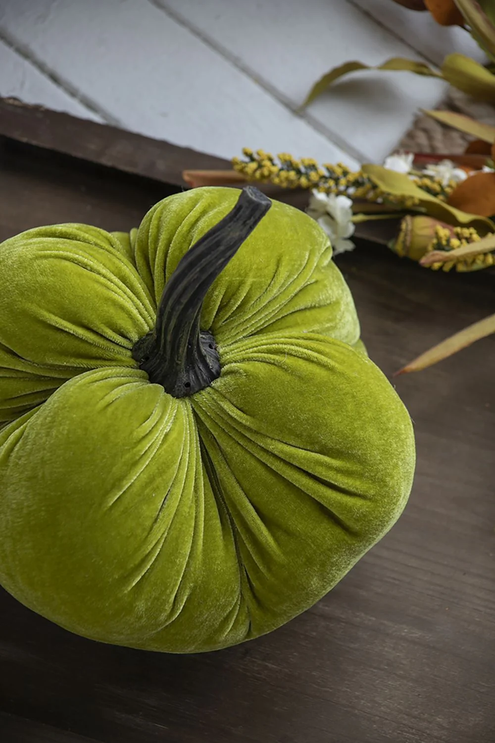 Velvet Weighted Pumpkin With Resin Stem Apple, Pumpkin Ornament Decor For Holiday Harvest Festival Fall Festival & Thanksgiving (Set of 2) - Green - Image 7