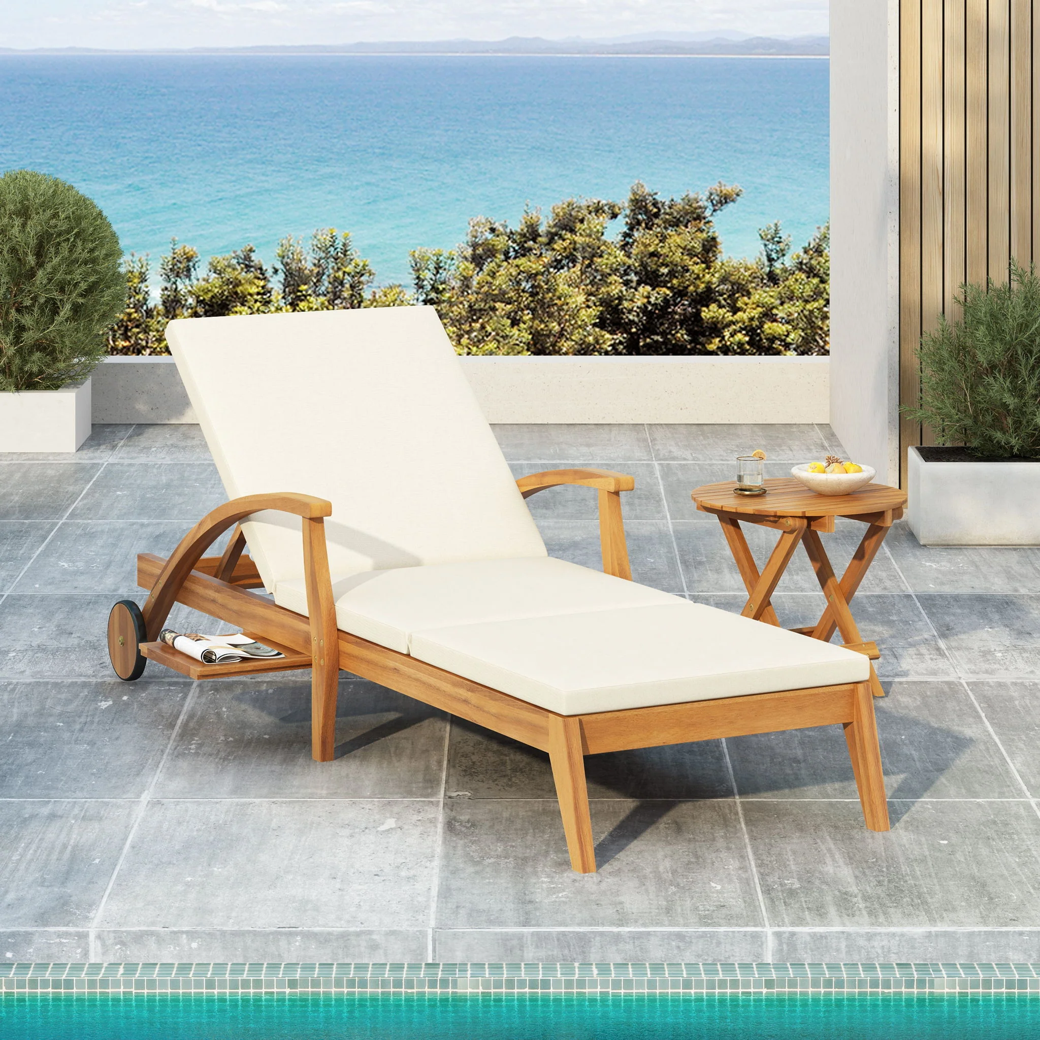 Versatile Chaise Lounge With Wheels Acacia Wood Recliner For Patio - Cream - Image 3