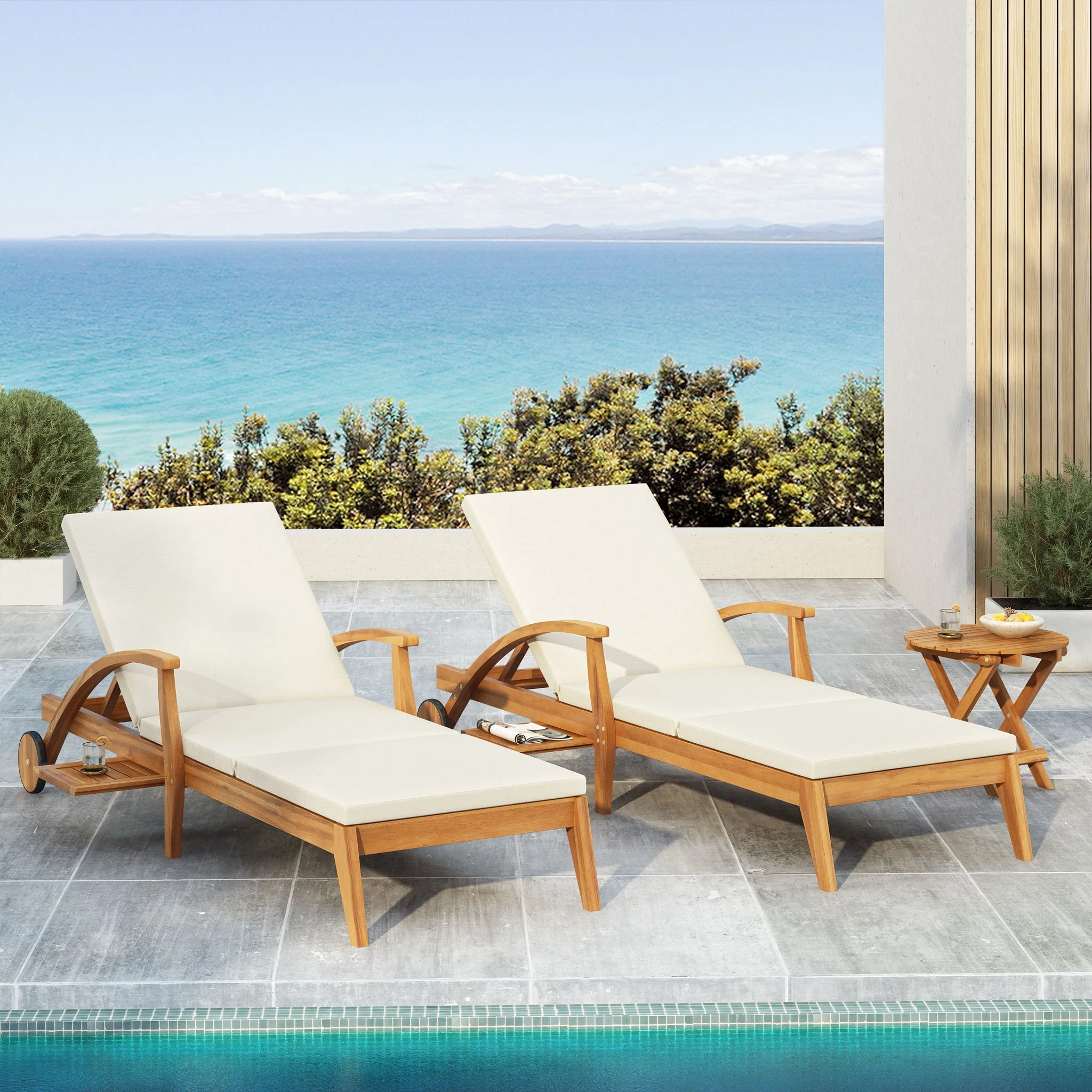 Versatile Chaise Lounge With Wheels Acacia Wood Recliner For Patio - Cream - Image 7