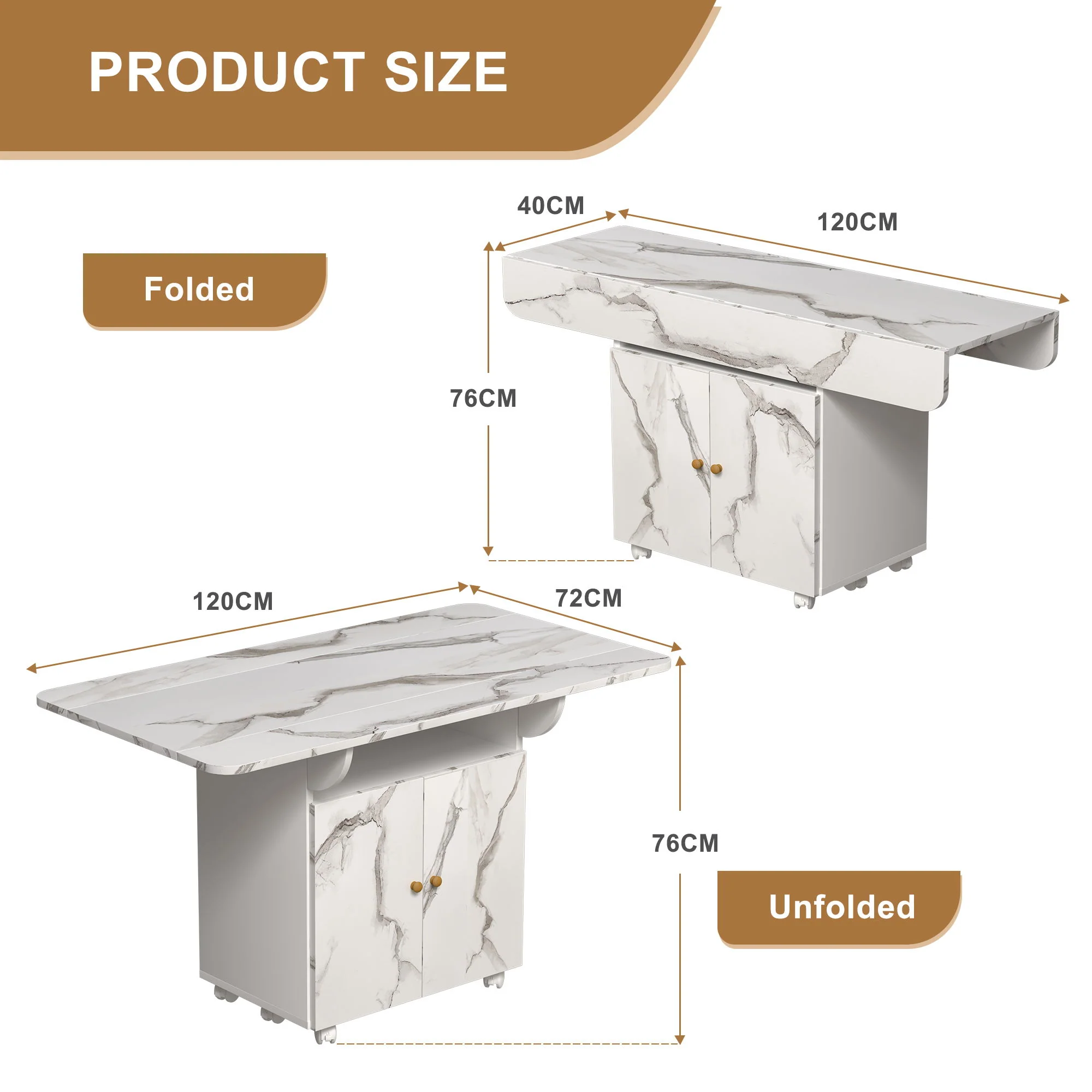 Versatile Marble Folding Dining Table With Storage Rack And Cabinet, 6 Wheels - White - Image 3