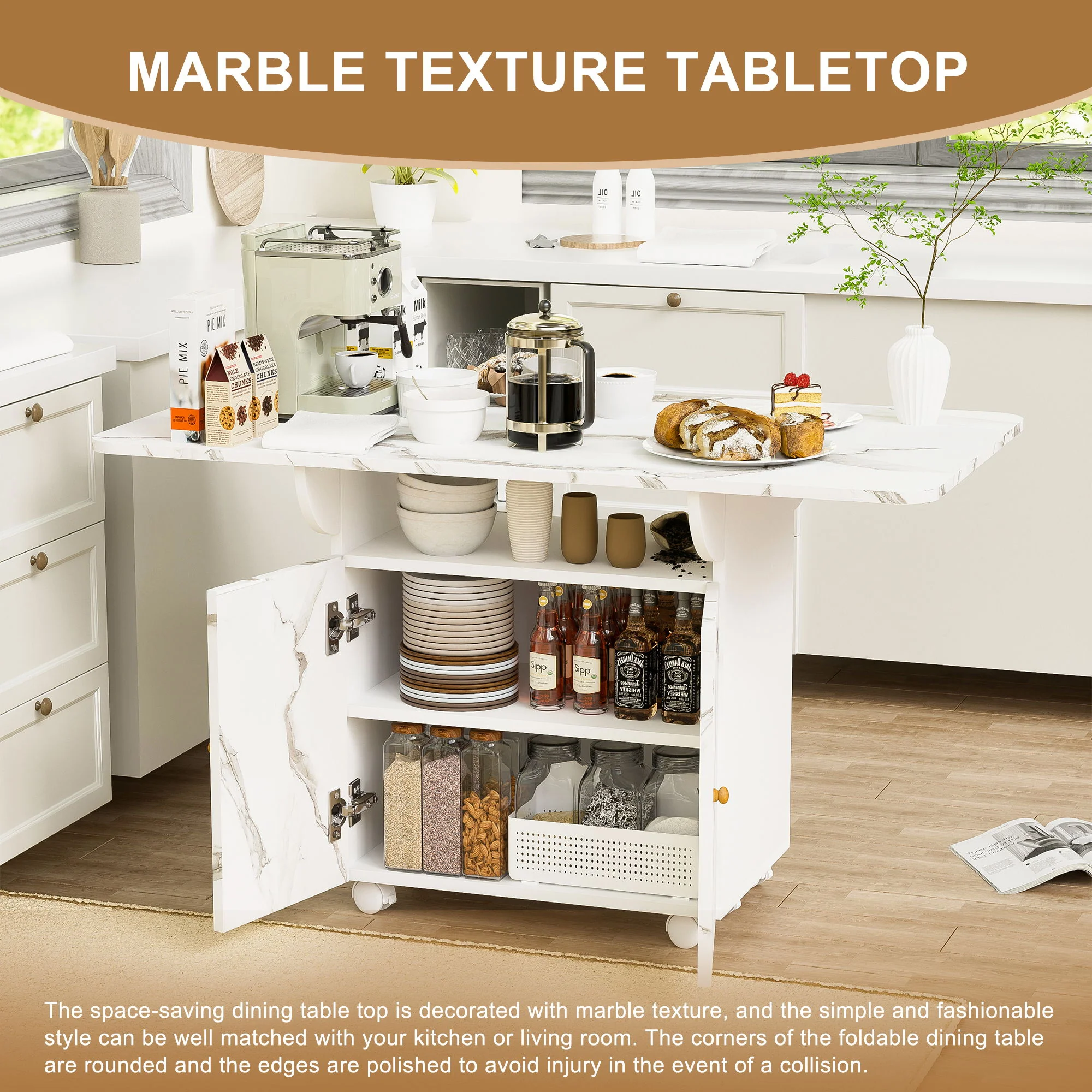 Versatile Marble Folding Dining Table With Storage Rack And Cabinet, 6 Wheels - White - Image 4