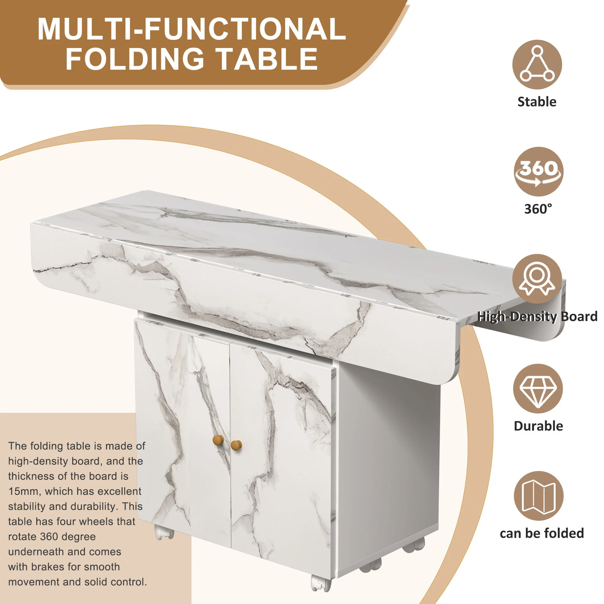 Versatile Marble Folding Dining Table With Storage Rack And Cabinet, 6 Wheels - White - Image 6