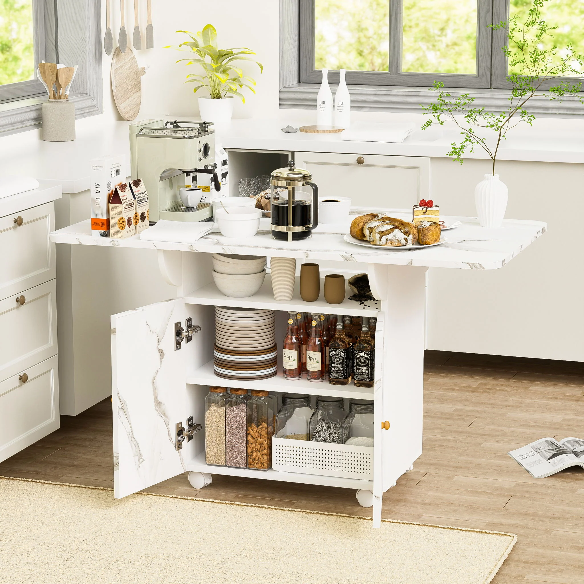Versatile Marble Folding Dining Table With Storage Rack And Cabinet, 6 Wheels - White - Image 7