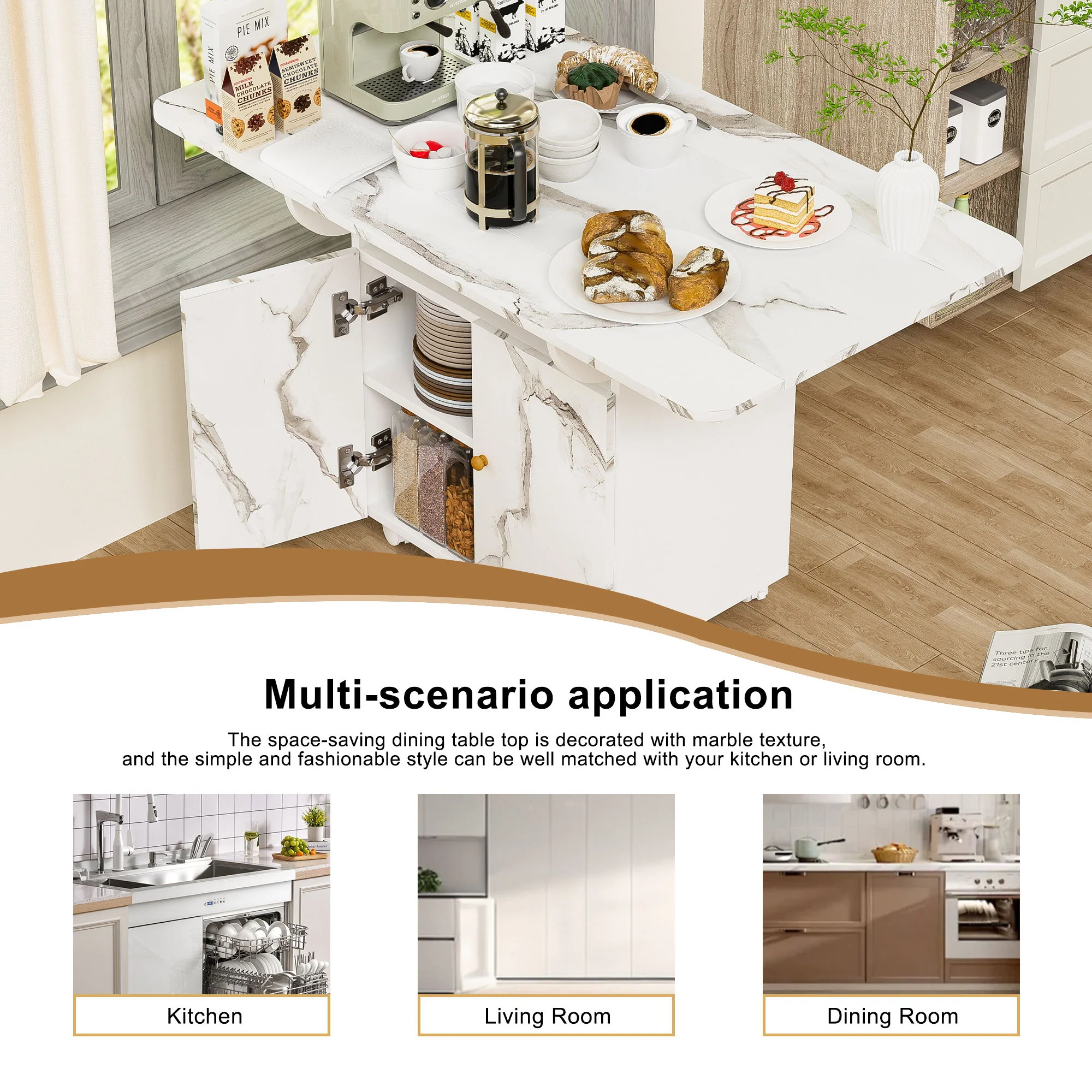 Versatile Marble Folding Dining Table With Storage Rack And Cabinet, 6 Wheels - White - Image 9