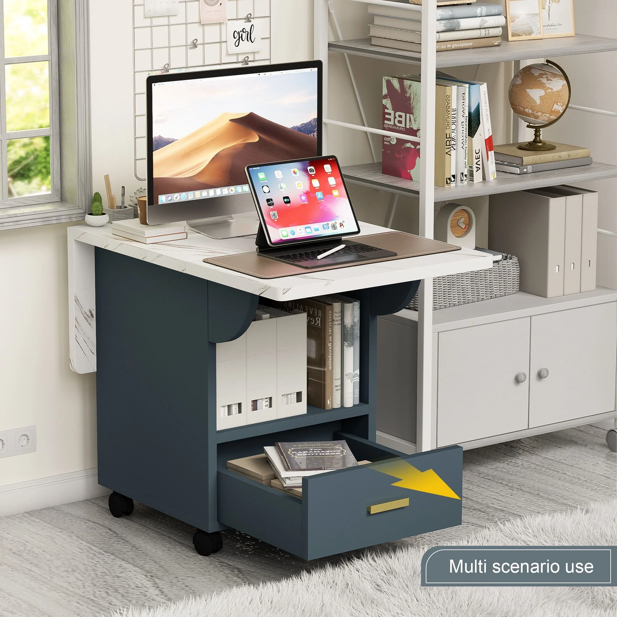 Versatile Wood Folding Dining Table With Wheels, Storage Rack & Drawer, Space Saving Design - White - Image 7