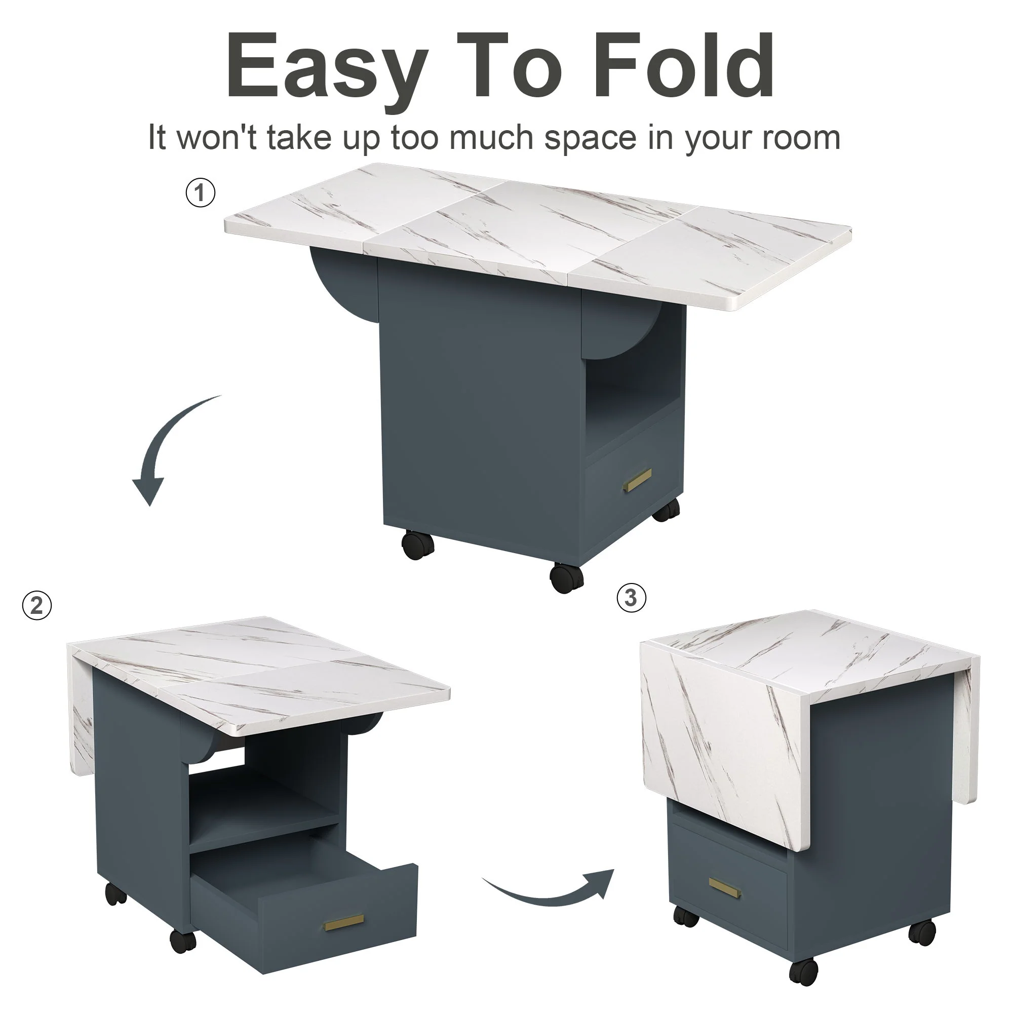 Versatile Wood Folding Dining Table With Wheels, Storage Rack & Drawer, Space Saving Design - White - Image 9