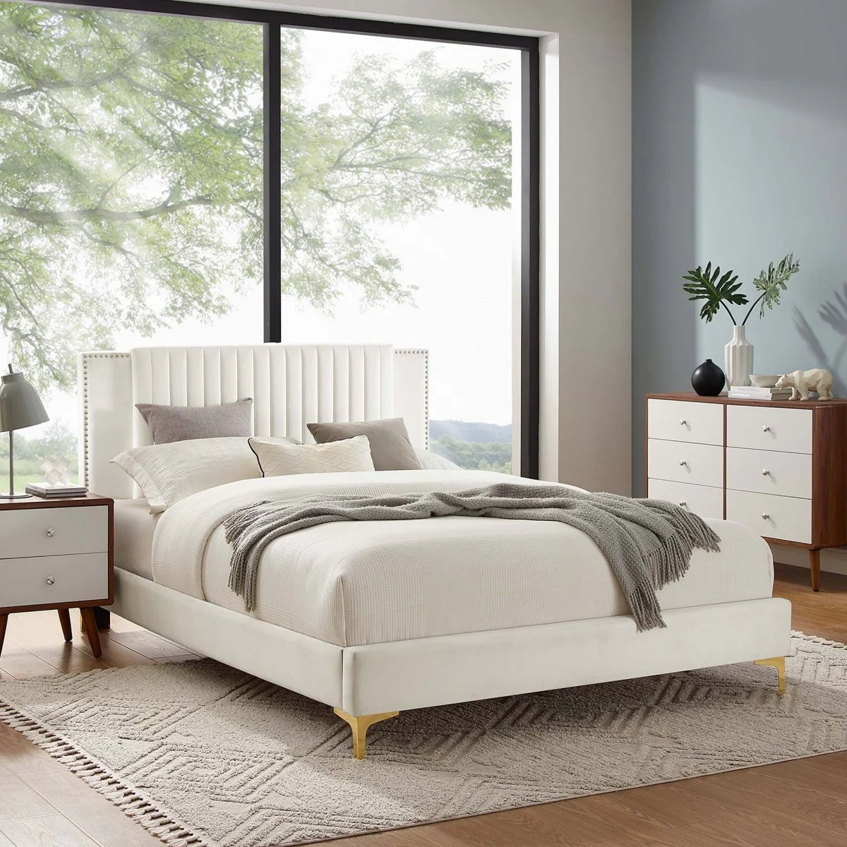 Vertical Channel Tufted Performance Velvet Platform Bed with Nailhead Trim - Image 10