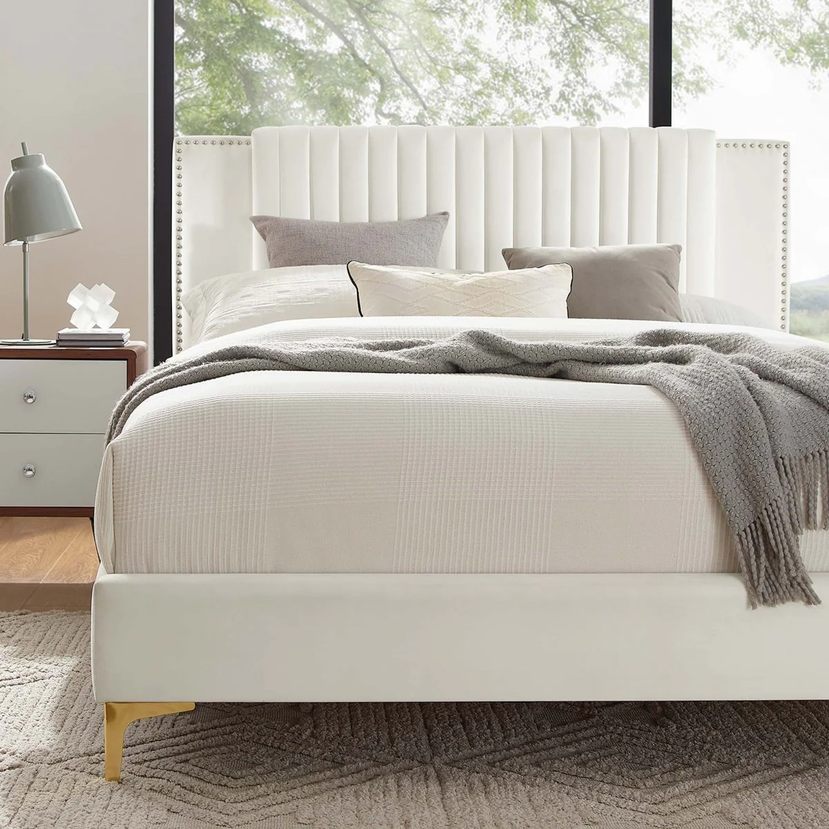 Vertical Channel Tufted Performance Velvet Platform Bed with Nailhead Trim - Image 13