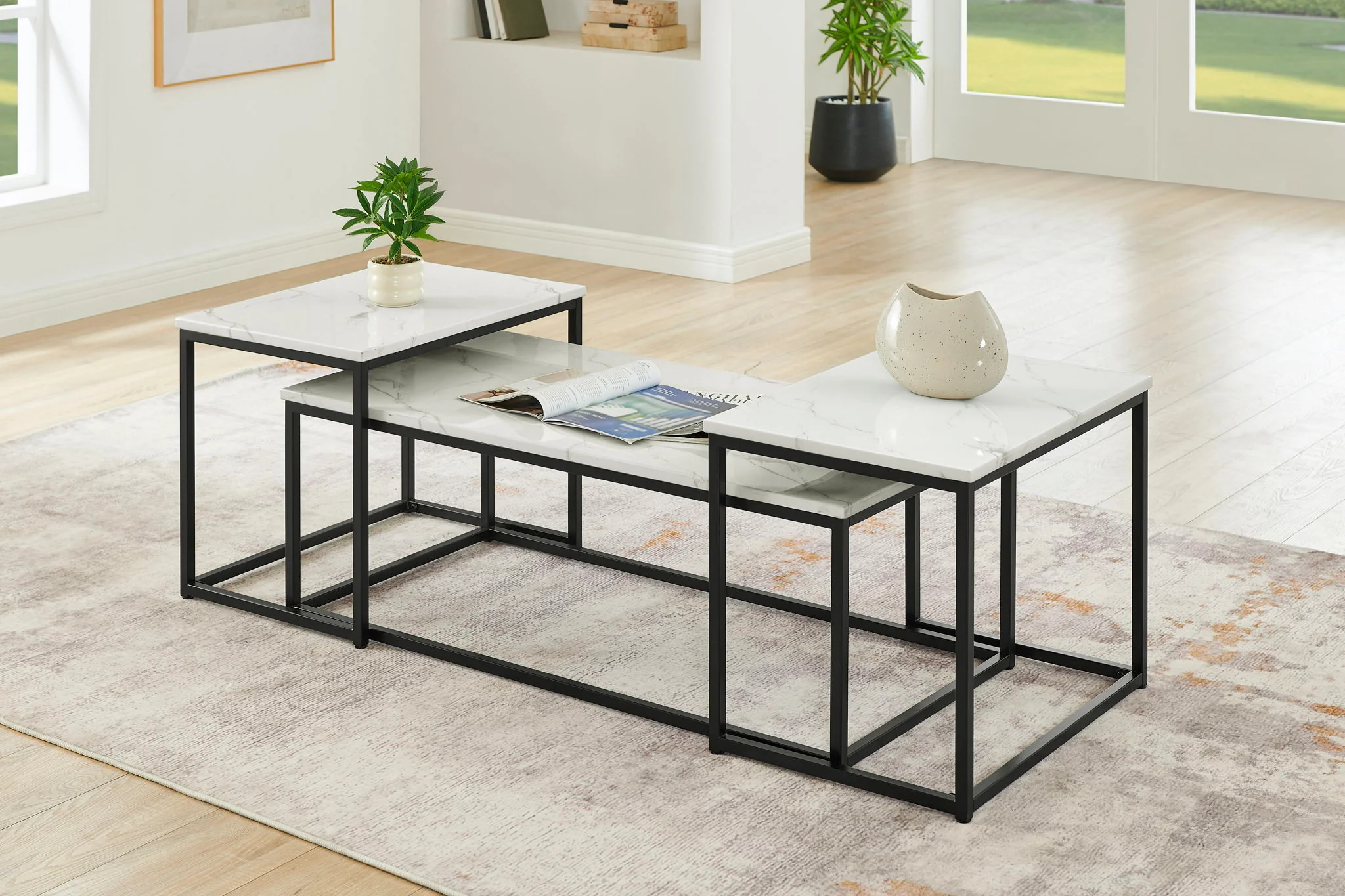 Vetra - Faux Marble 3 Piece Occasional Set - (Coffee & 2 End Tables) - Black / White - Image 2