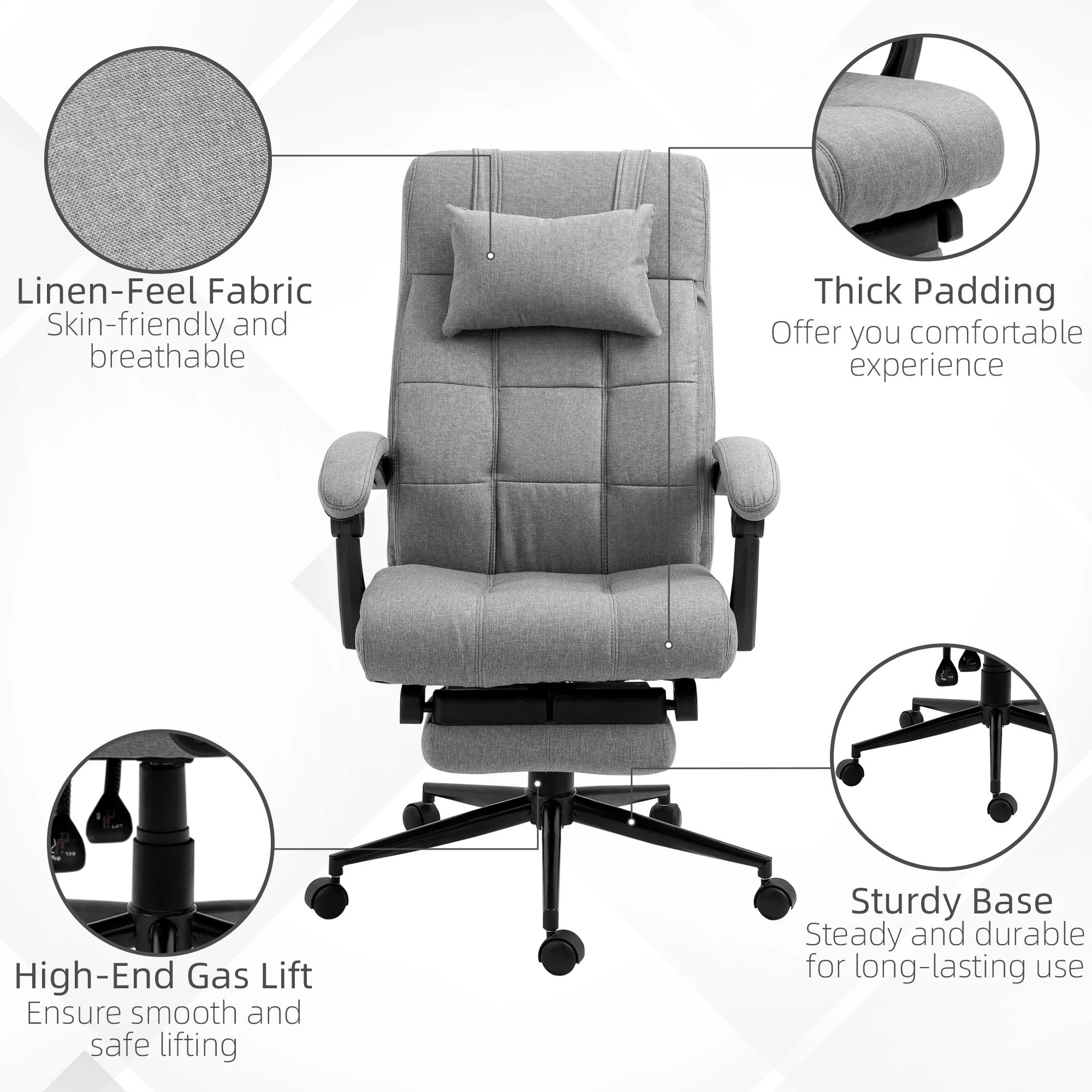 Vinsetto - Executive Linen-Feel Fabric Office Chair High Back Swivel Task Chair With Adjustable Height Upholstered Retractable Footrest, Headrest And Padded Armrest - Light Gray - Image 5