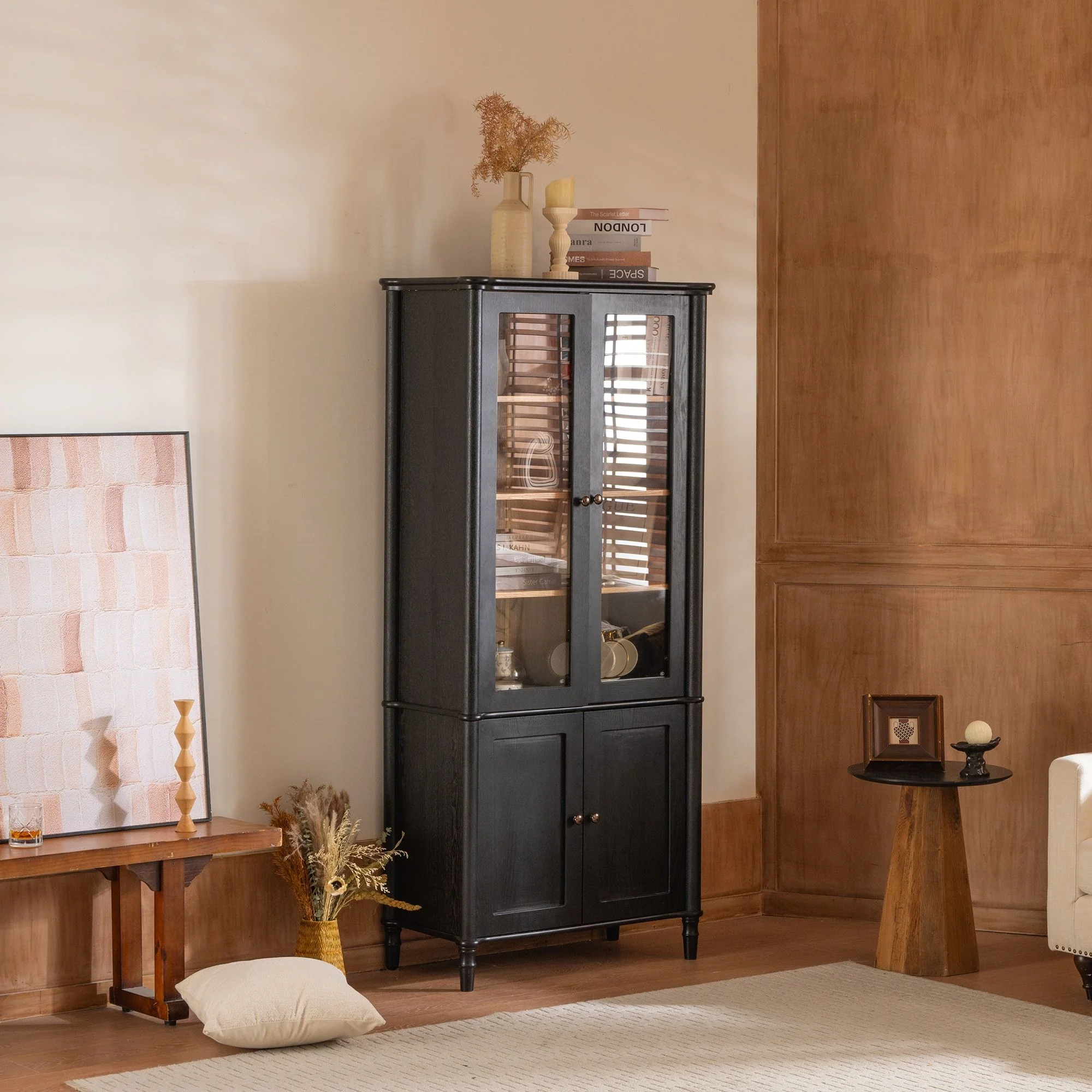 Vintage Display Cabinet With Double Glass Doors, Traditional Style For Collectibles, Ash Wood Veneer, 73.25" Tall - Black / Natural - Image 8