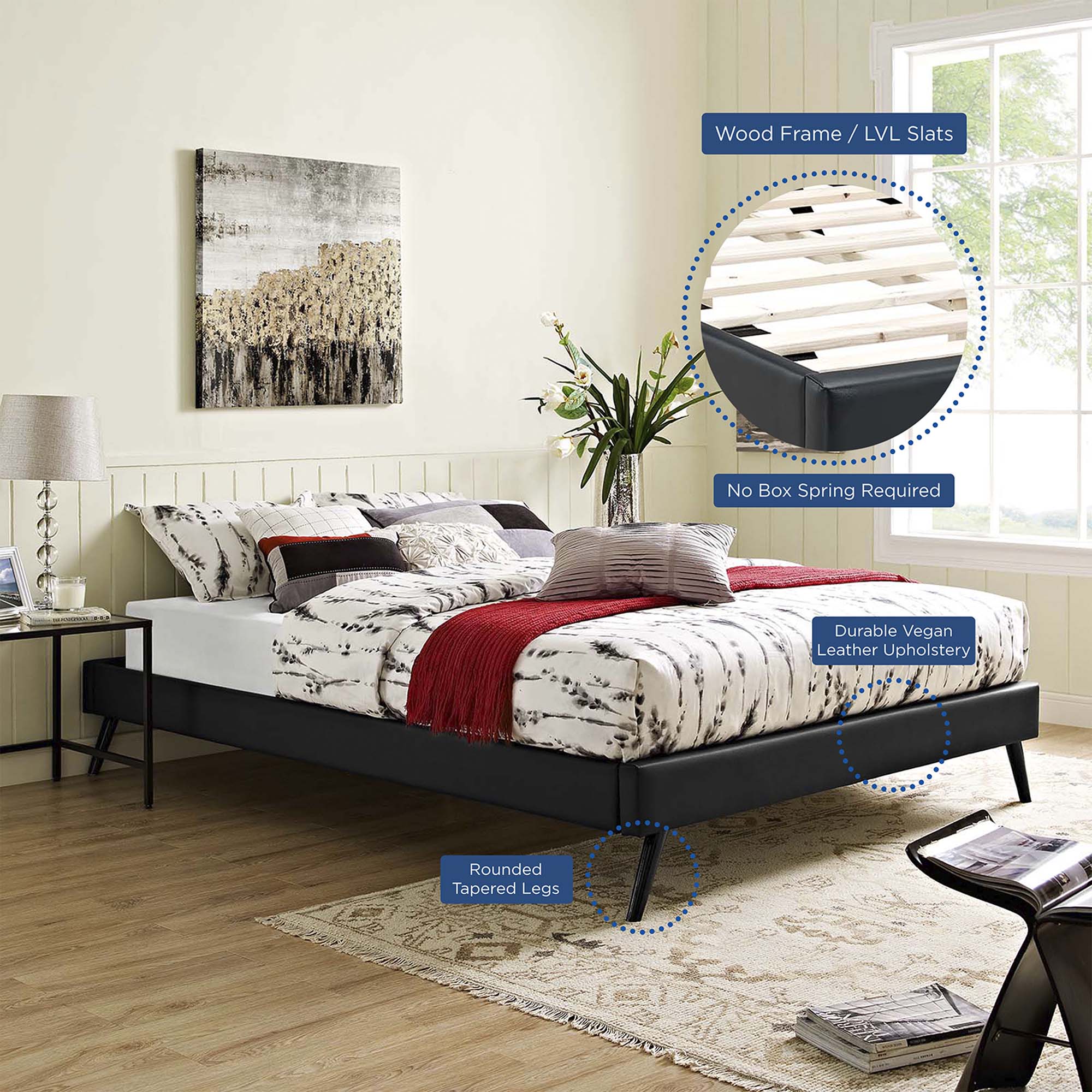 Vinyl Upholstered Platform Bed with Round Splayed Legs - Image 17