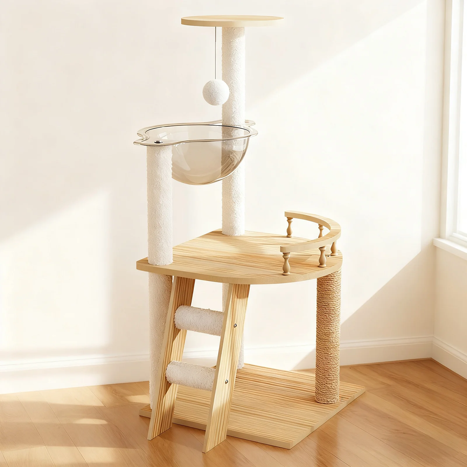 Vora 41" Modern Wood Cat Tower with Acrylic Hammock and Sisal Posts - Image 6