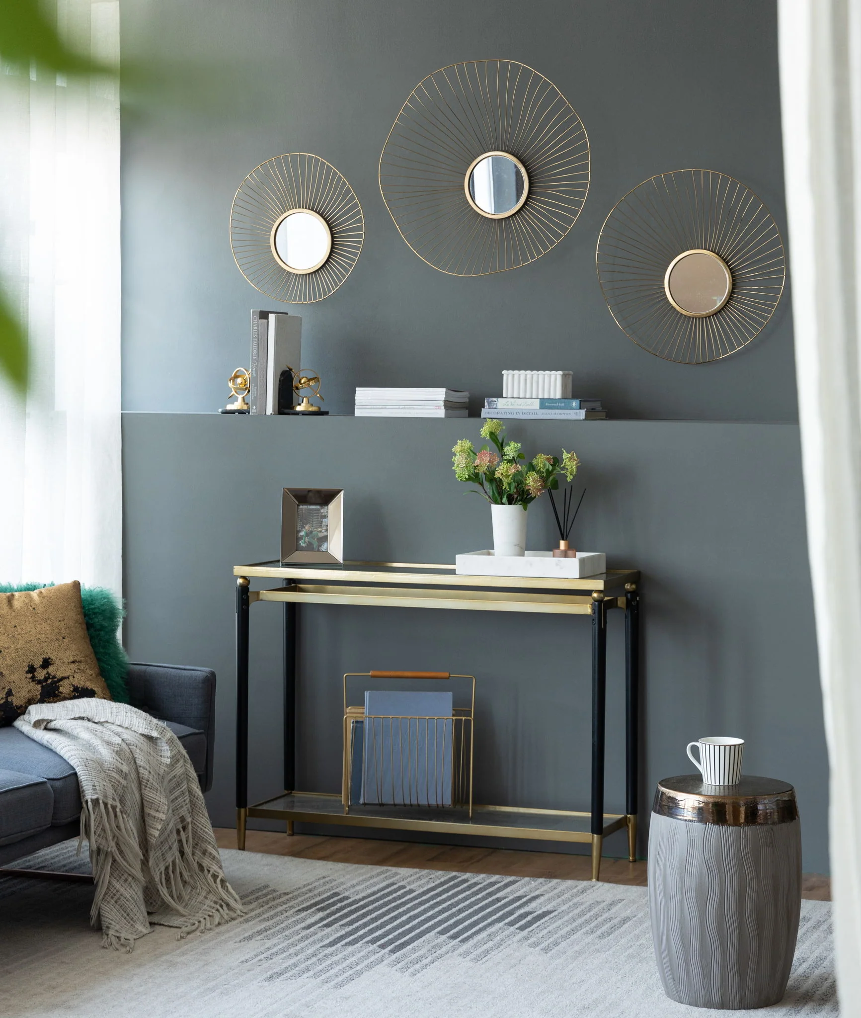 Wall Mirror Abstract Designed Wall Mirrors WithFrame For Home & Office, Top Of Sideboard (Set of 3) - Gold - Image 6