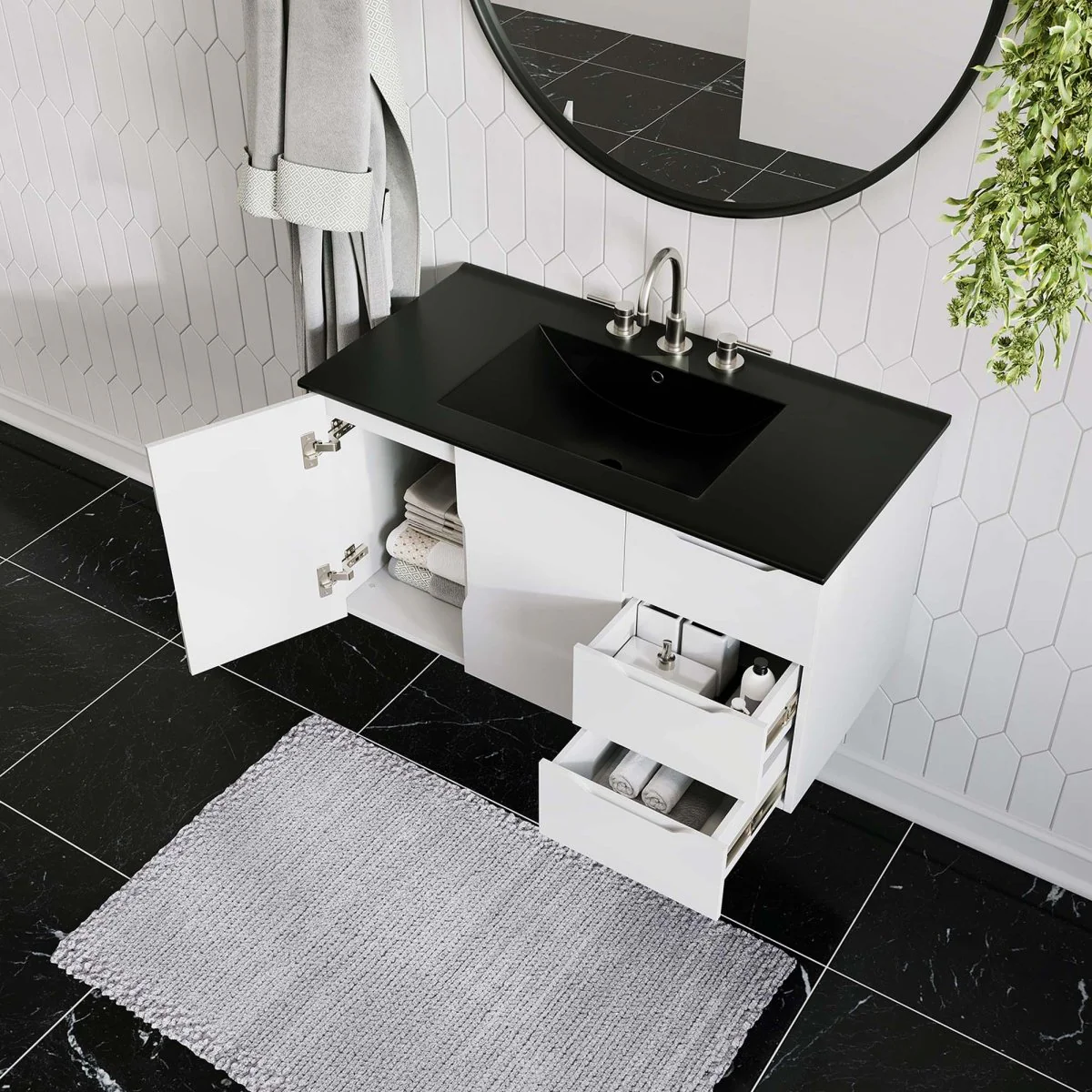 Wall-Mount Bathroom Vanity with Integrated Sink – Modern Floating Bath Cabinet - Image 39