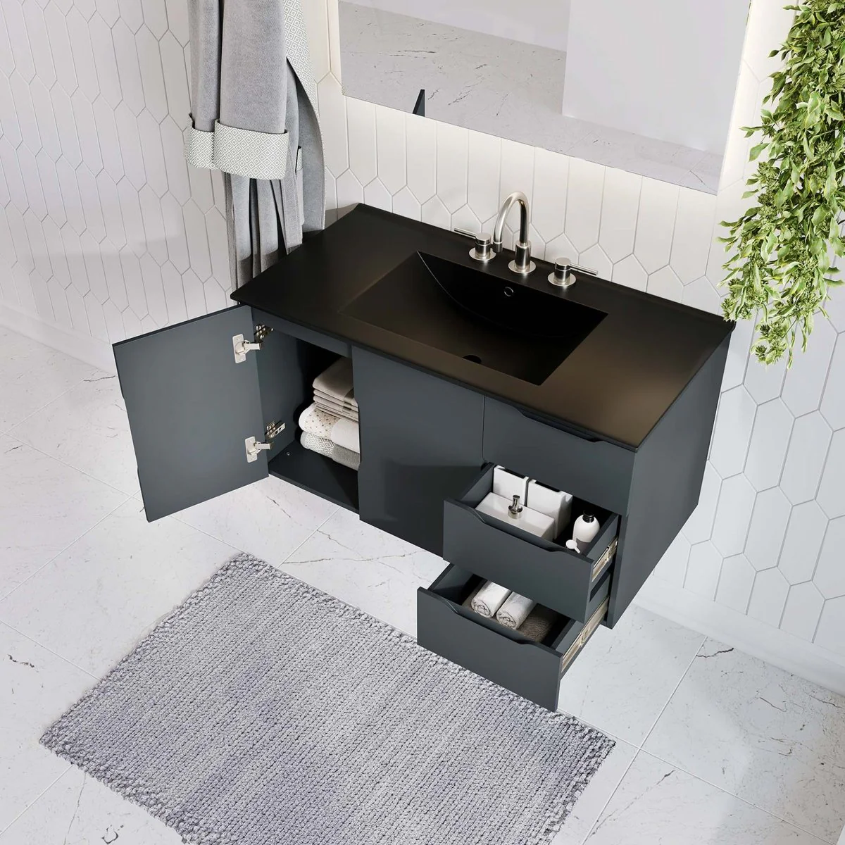 Wall-Mount Bathroom Vanity with Integrated Sink – Modern Floating Bath Cabinet - Image 48
