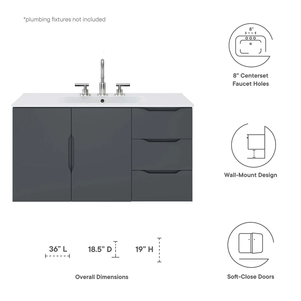 Wall-Mount Bathroom Vanity with Integrated Sink – Modern Floating Bath Cabinet - Image 56