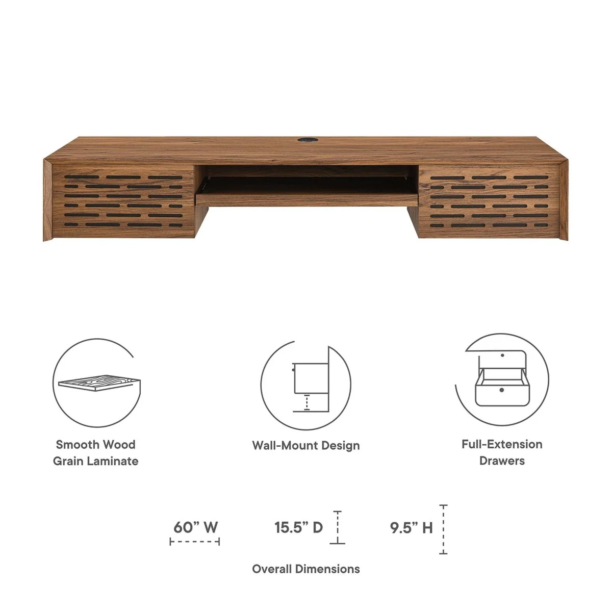 60" Walnut Wall Mount Wood Office Desk with Drawers - Image 2
