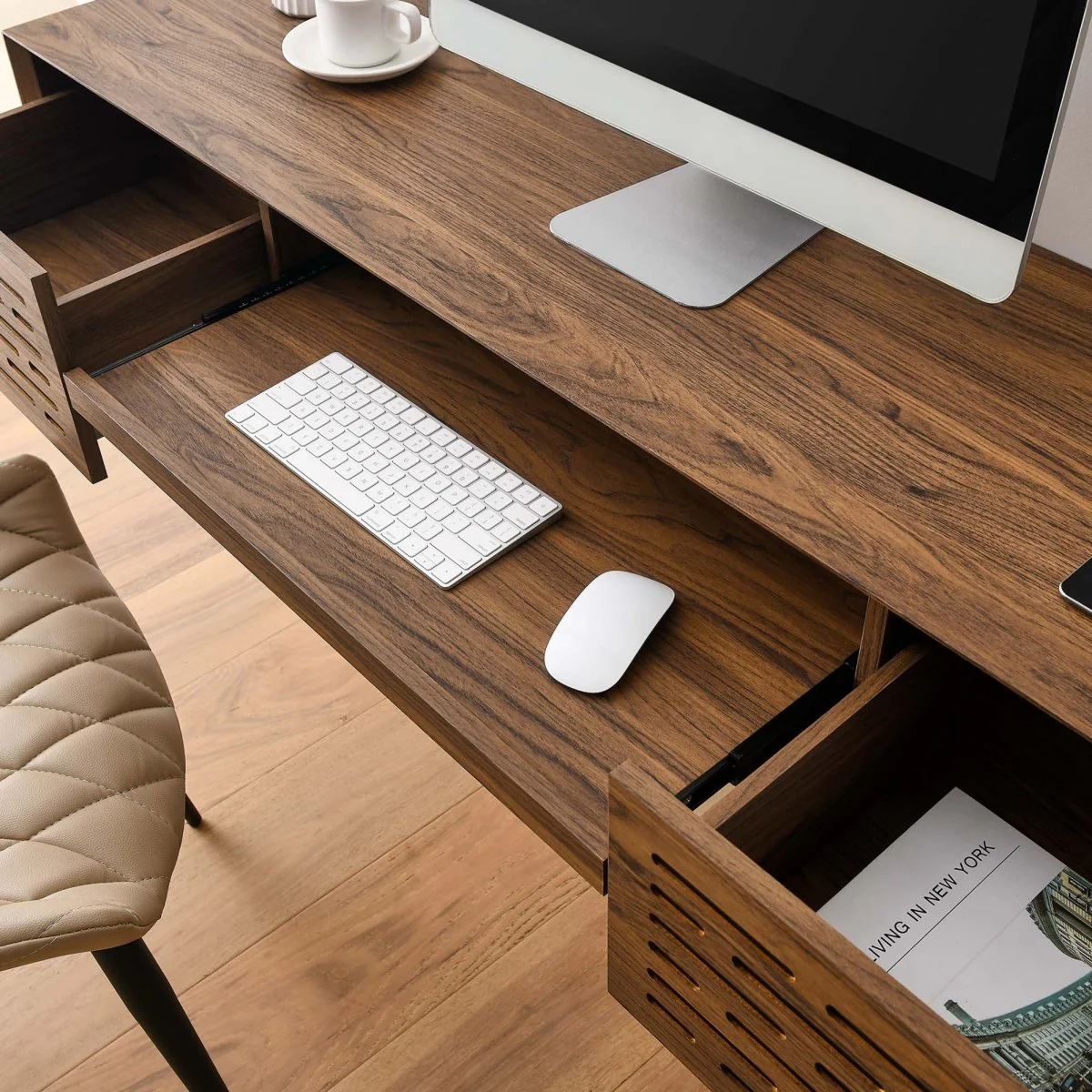 60" Walnut Wall Mount Wood Office Desk with Drawers - Image 3