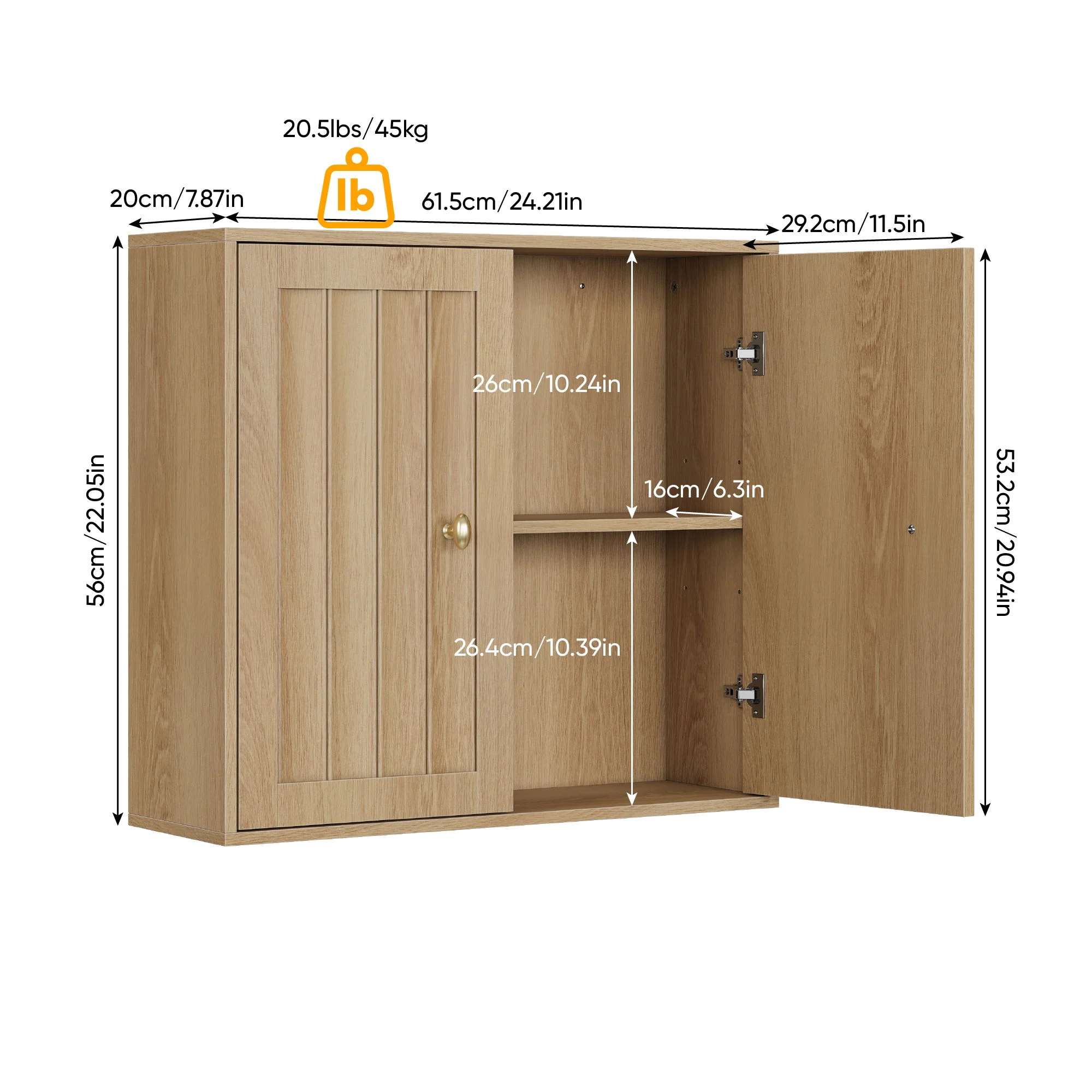 Wall Mounted Bathroom Cabinet With Double Doors And Vertical Grooved Design For Bathrooms - Oak - Image 7