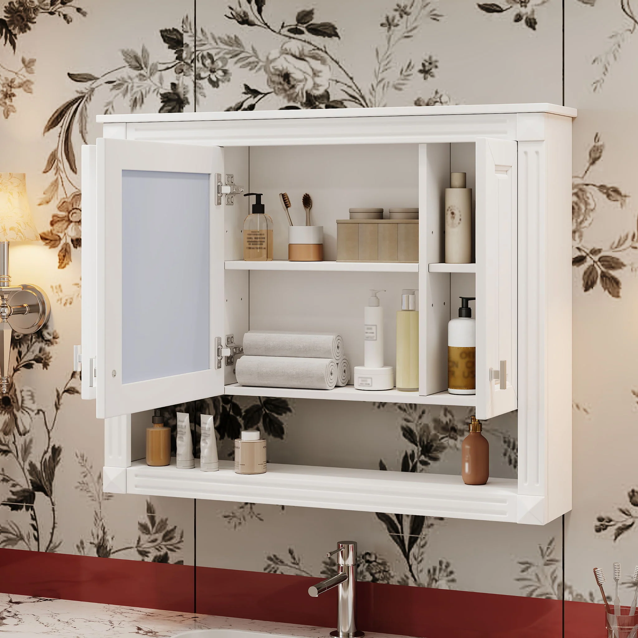 Wall-Mounted Bathroom Cabinet With Mirror And Open Shelf - White - Image 3