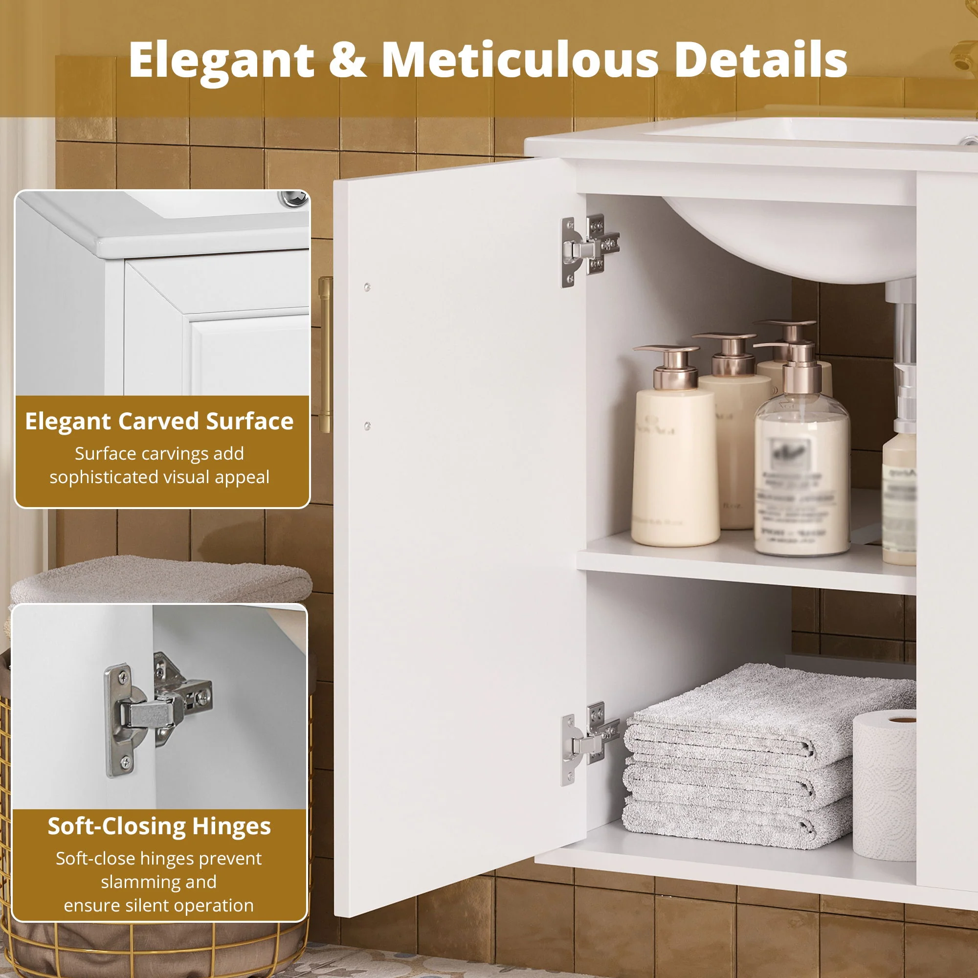 Wall Mounted Bathroom Cabinet With Side Shelf Combo, Vanity With Sink - White - Image 4