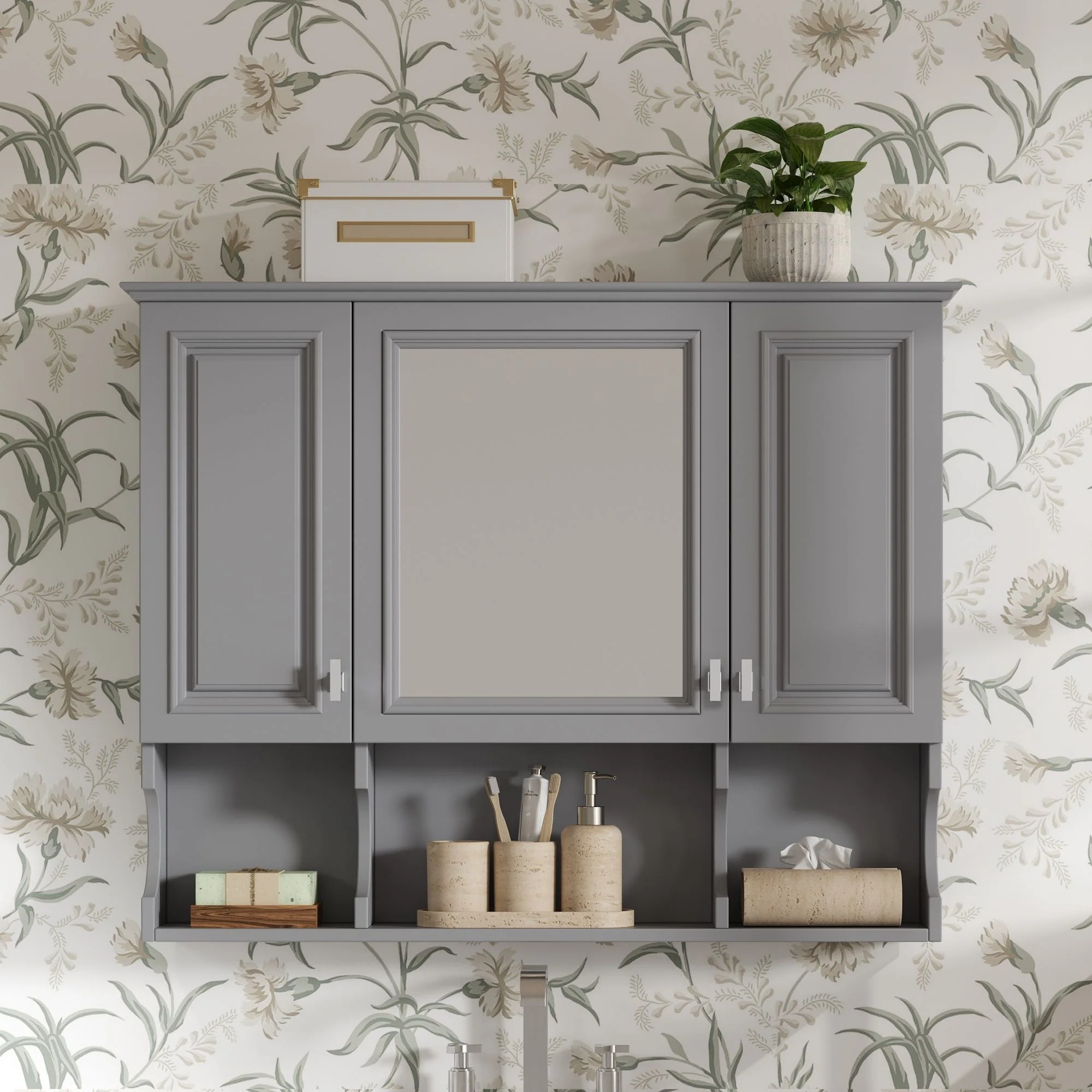 Wall Mounted Bathroom Medicine Wall Cabinet With Mirror & Open Shelves - Image 16
