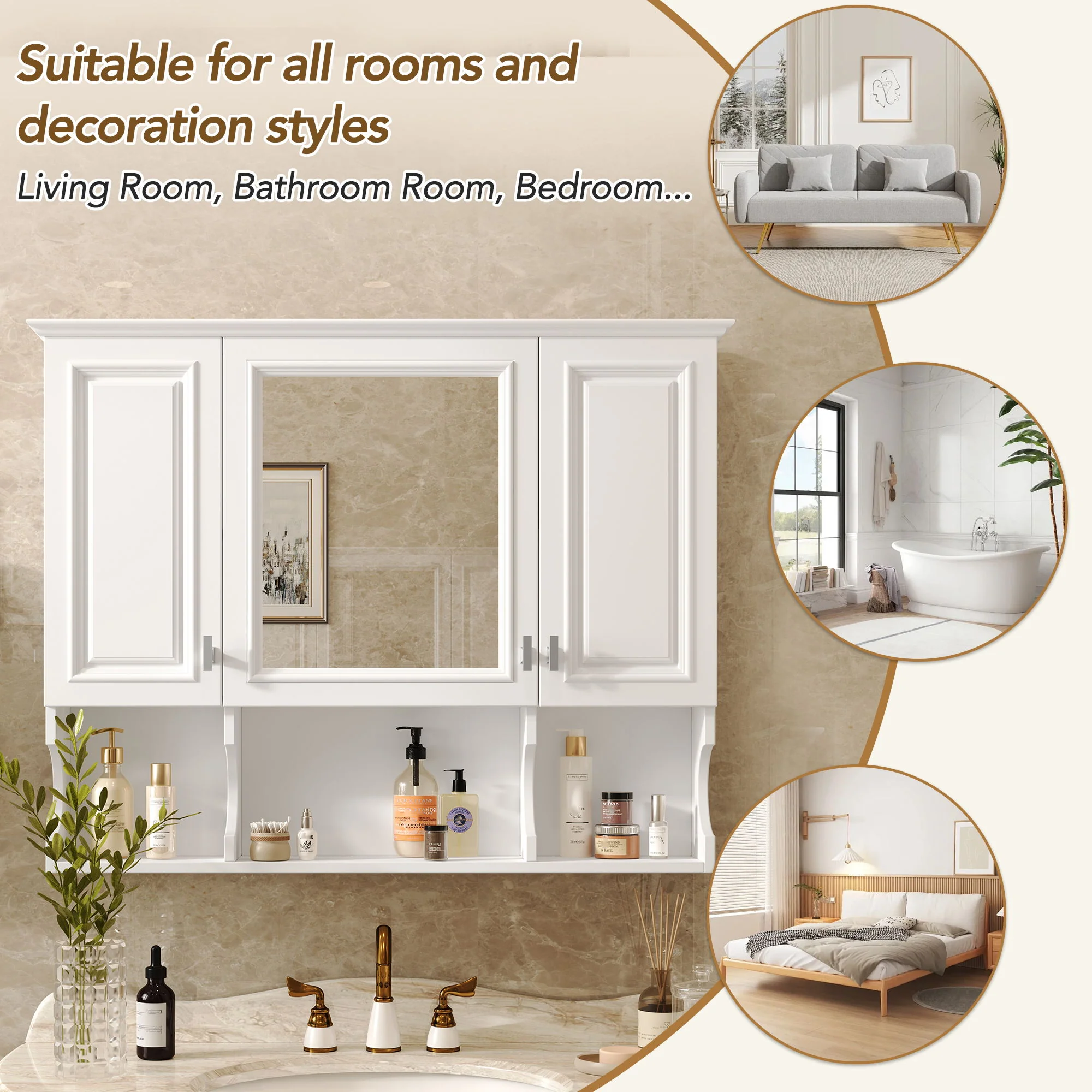 Wall Mounted Bathroom Medicine Wall Cabinet With Mirror & Open Shelves - Image 24