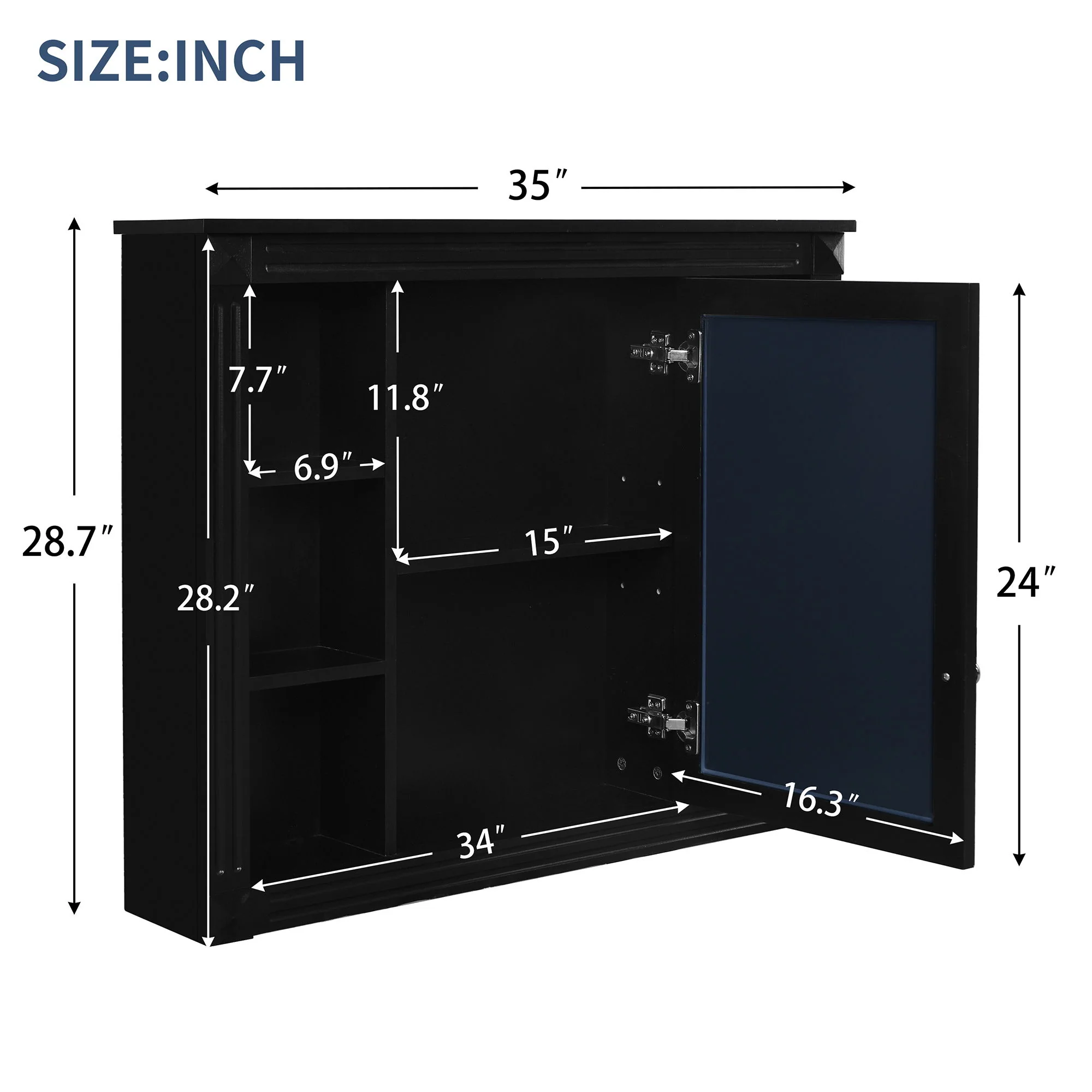 Wall-Mounted Bathroom Storage Cabinet With Mirror, 6 Open Shelves - Black - Image 5