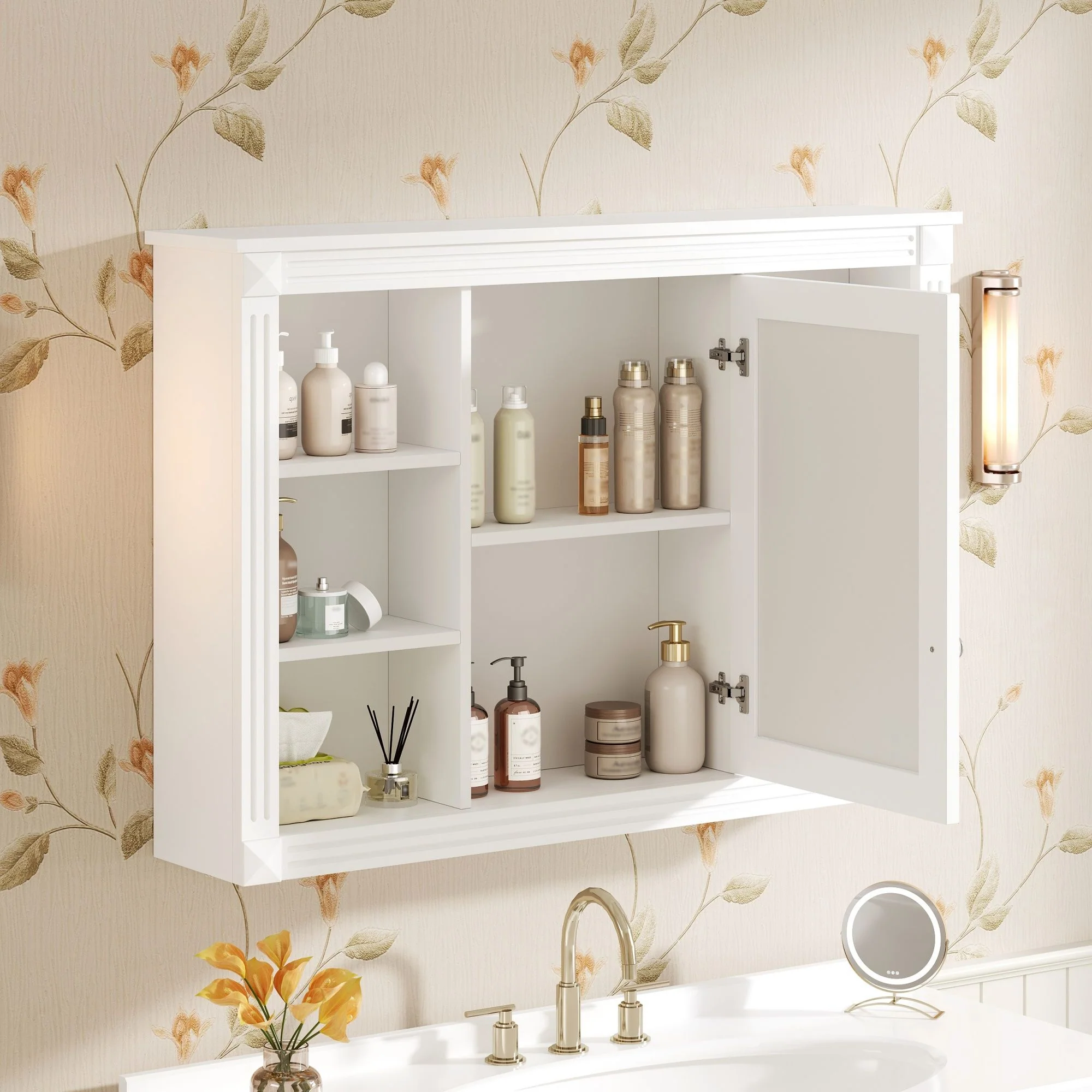 Wall Mounted Bathroom Storage Cabinet With Mirror, Medicine Cabinet With 6 Open Shelves And Adjustable Interior - White - Image 2