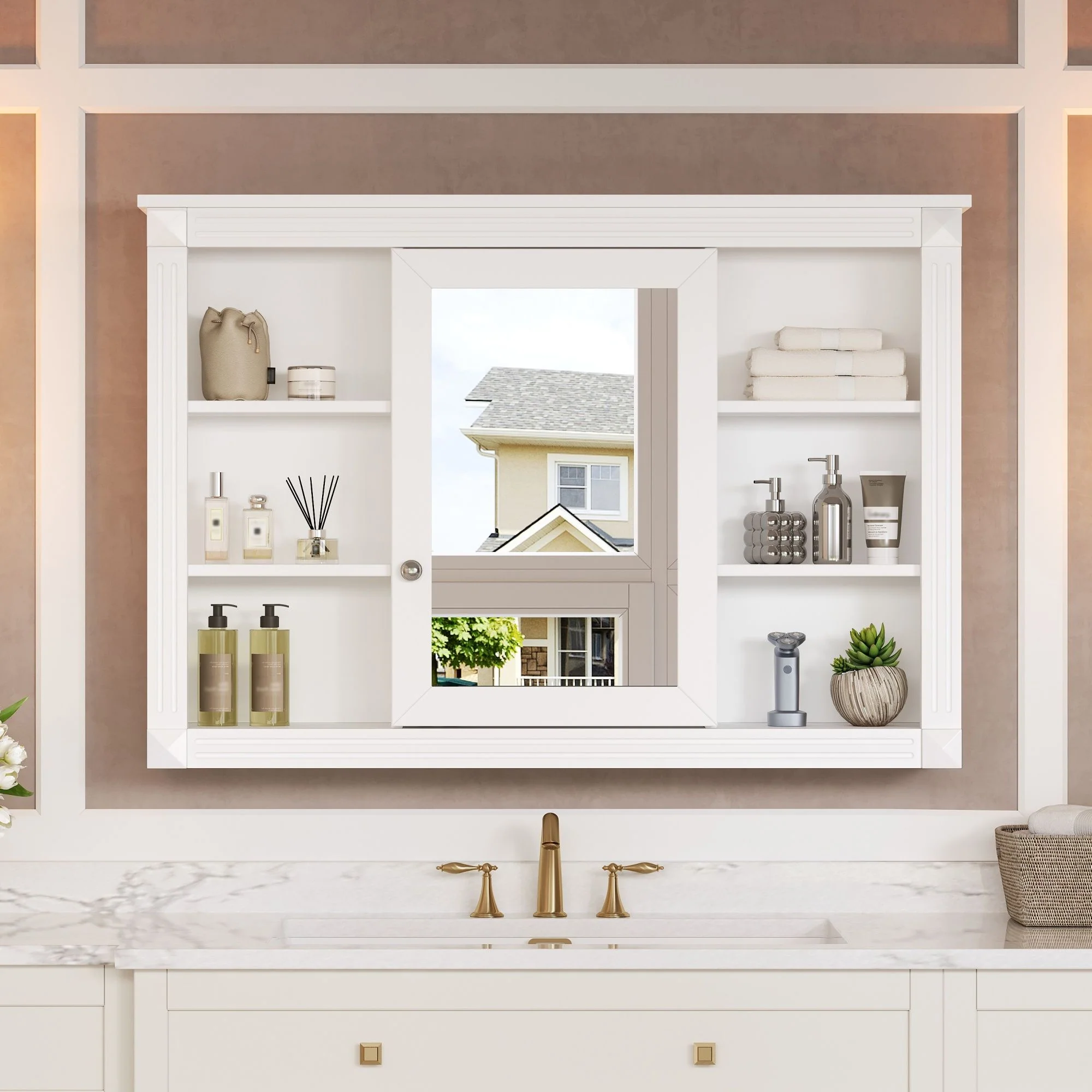 Wall Mounted Bathroom Storage Cabinet With Mirror, Medicine Cabinet With 6 Open Shelves And Adjustable Interior - White - Image 6