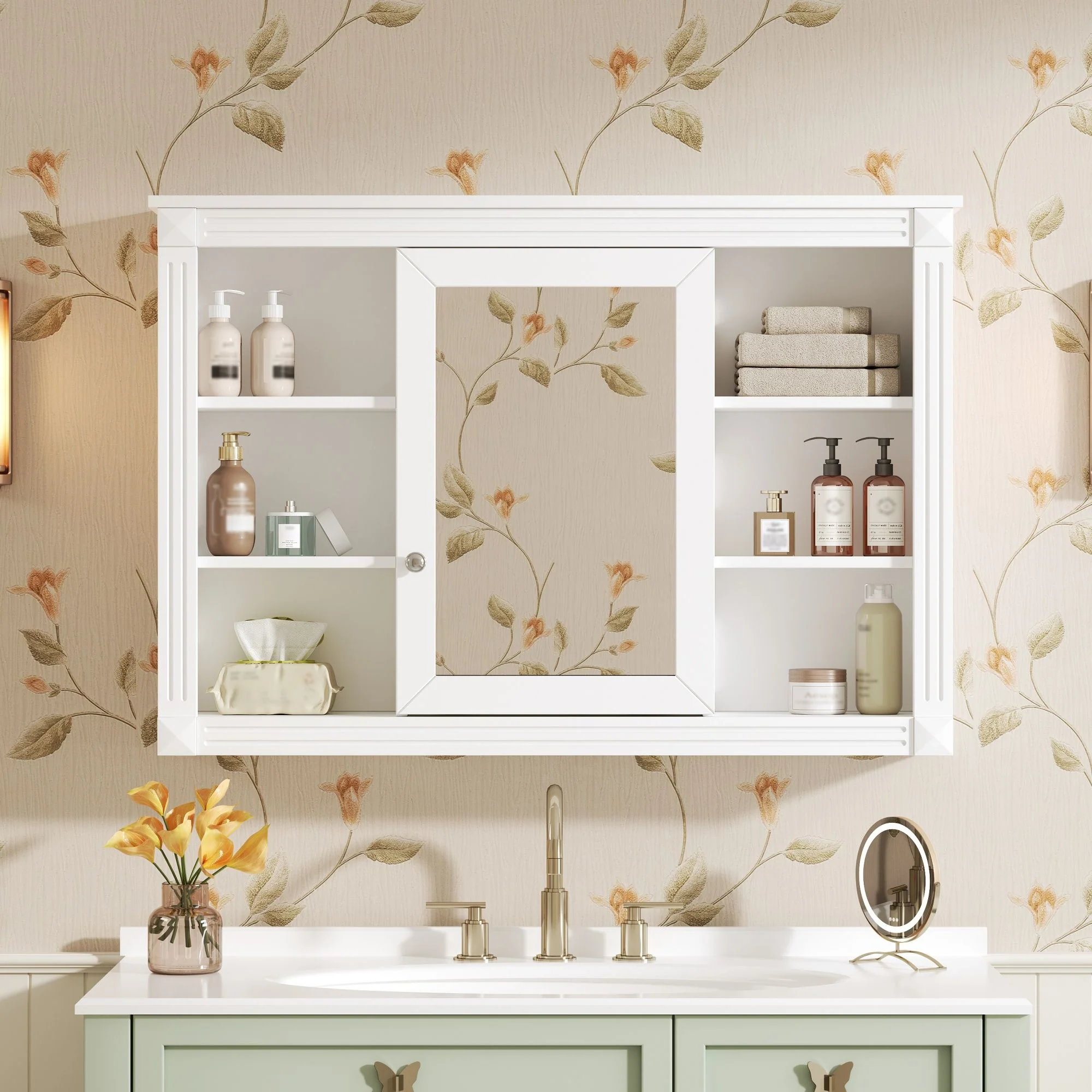 Wall Mounted Bathroom Storage Cabinet With Mirror, Medicine Cabinet With 6 Open Shelves And Adjustable Interior - White - Image 9