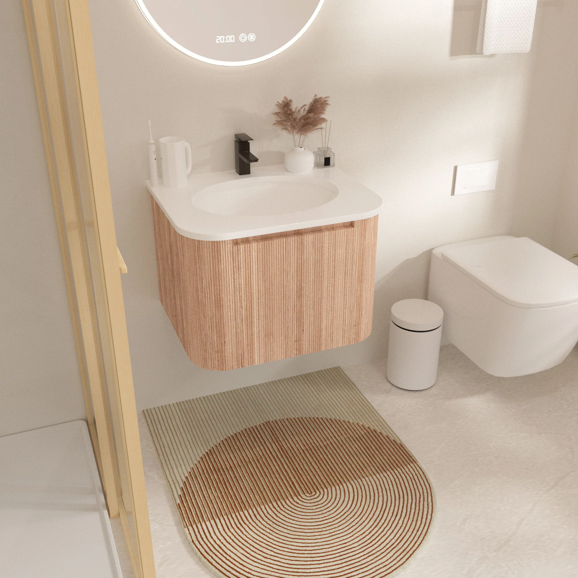 Wall Mounted Bathroom Vanity With Countertop, Sink, Curved Design With Stripe - Natural Wood - Image 2