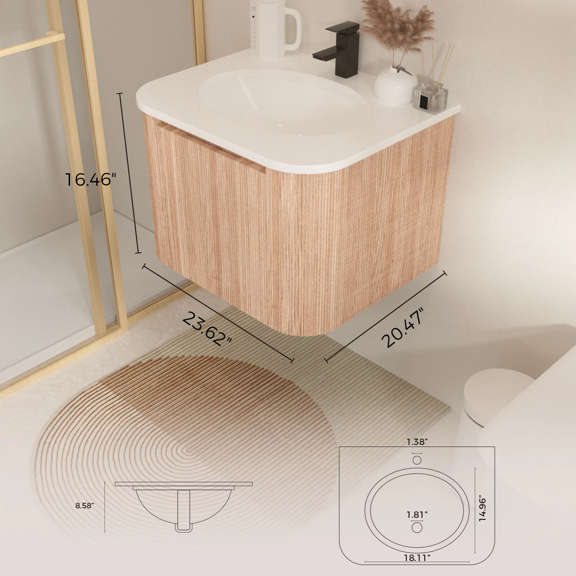 Wall Mounted Bathroom Vanity With Countertop, Sink, Curved Design With Stripe - Natural Wood - Image 6