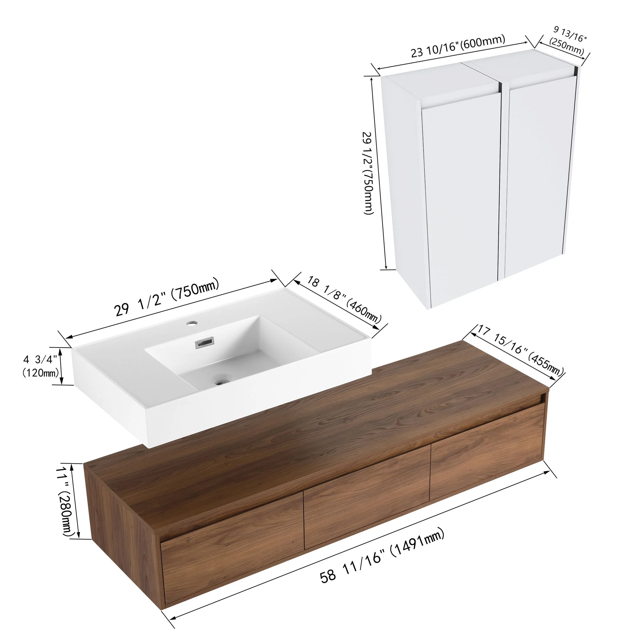 Wall Mounted Bathroom Vanity With Resin Sink And 2 Side Cabinet, 3 Soft Close Drawer - Brown Ebony - Image 9