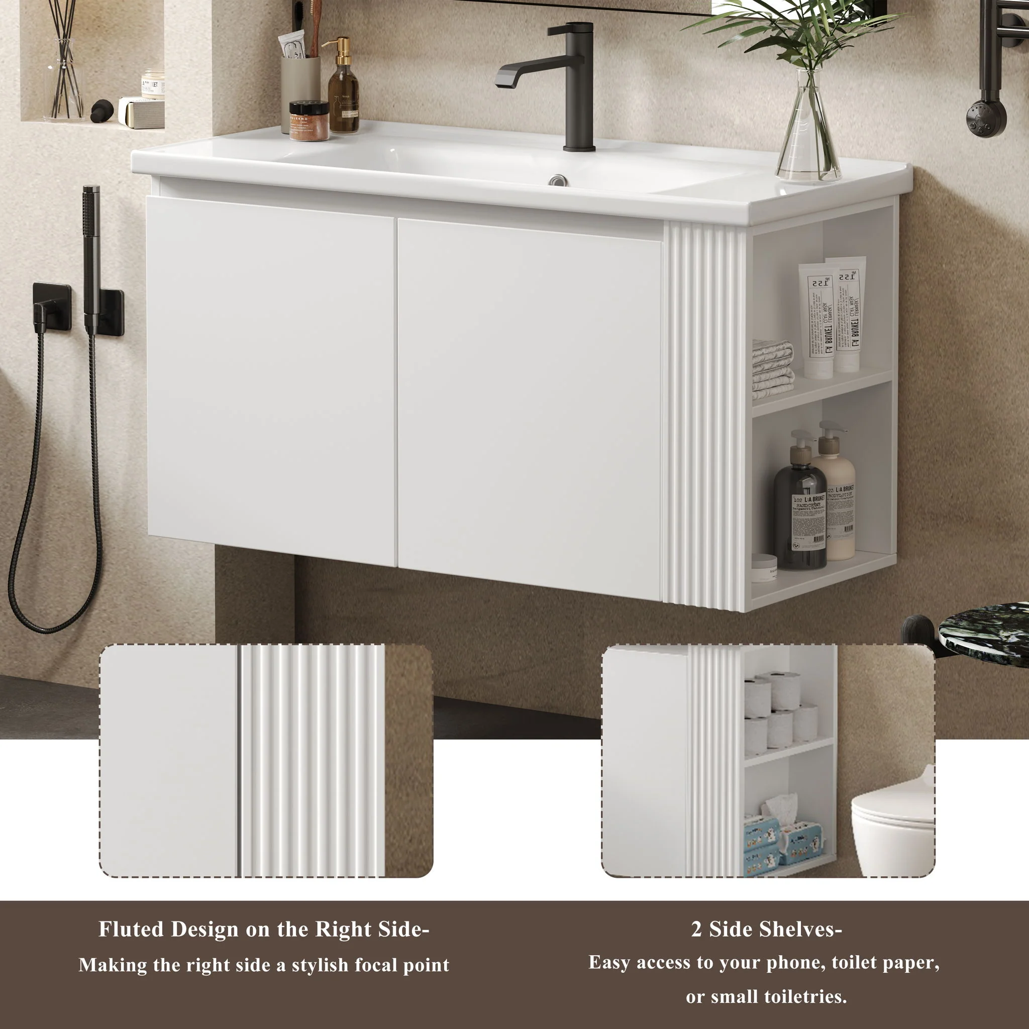 Wall Mounted Bathroom Vanity With Sink, 2 Open Shelves - White - Image 2