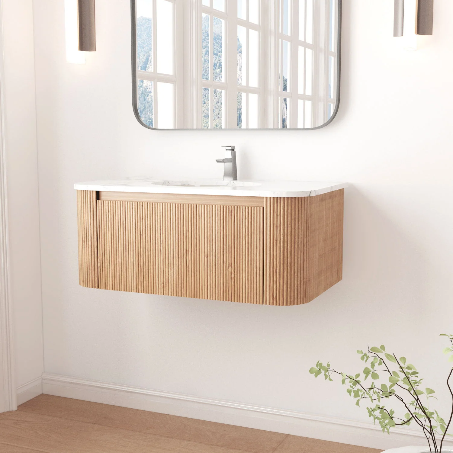 Wall Mounted Bathroom Vanity With Sink - Natural Wood - Image 3