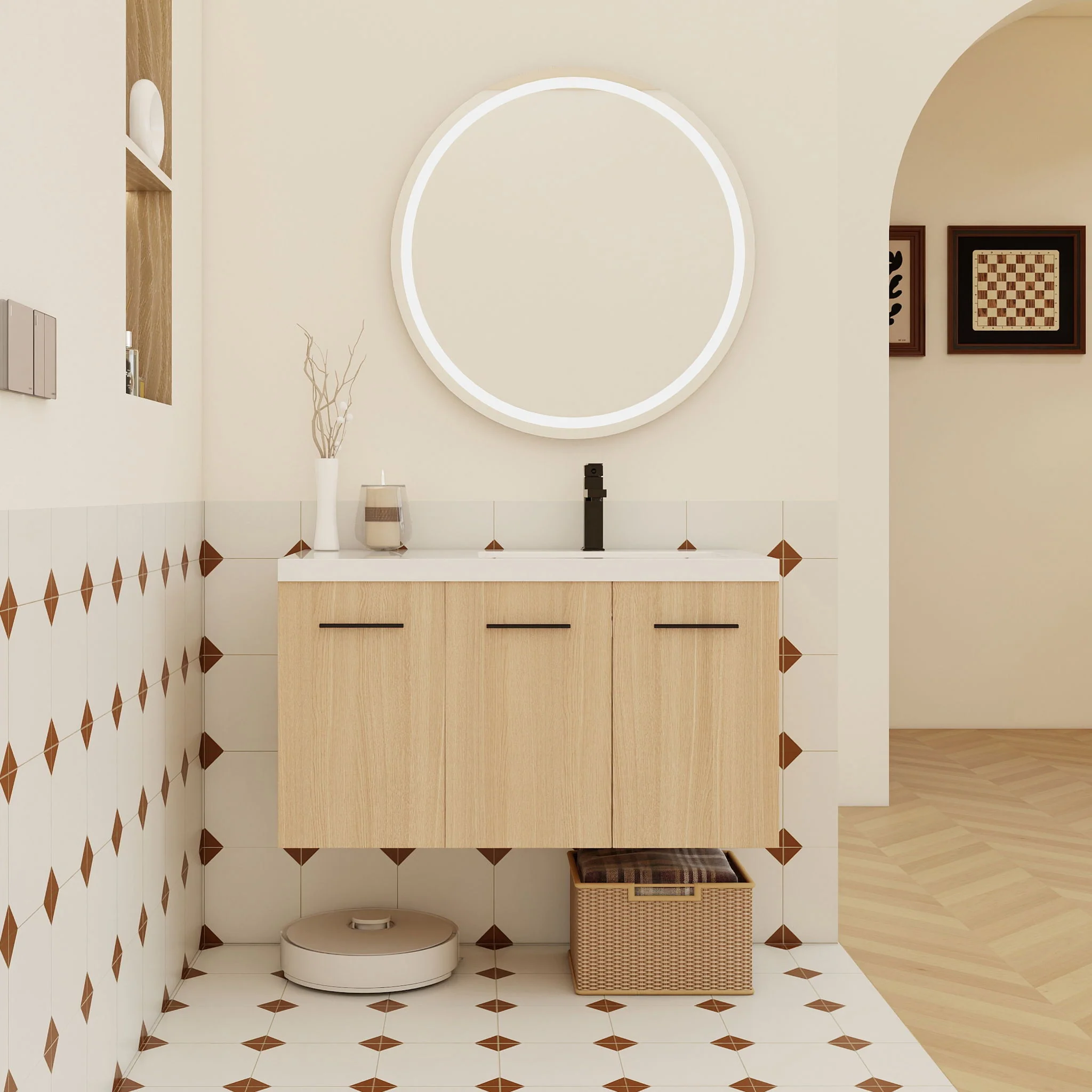Wall Mounted Floating Bathroom Vanity With Sink, 3 Door Modular Cabinet - Image 22