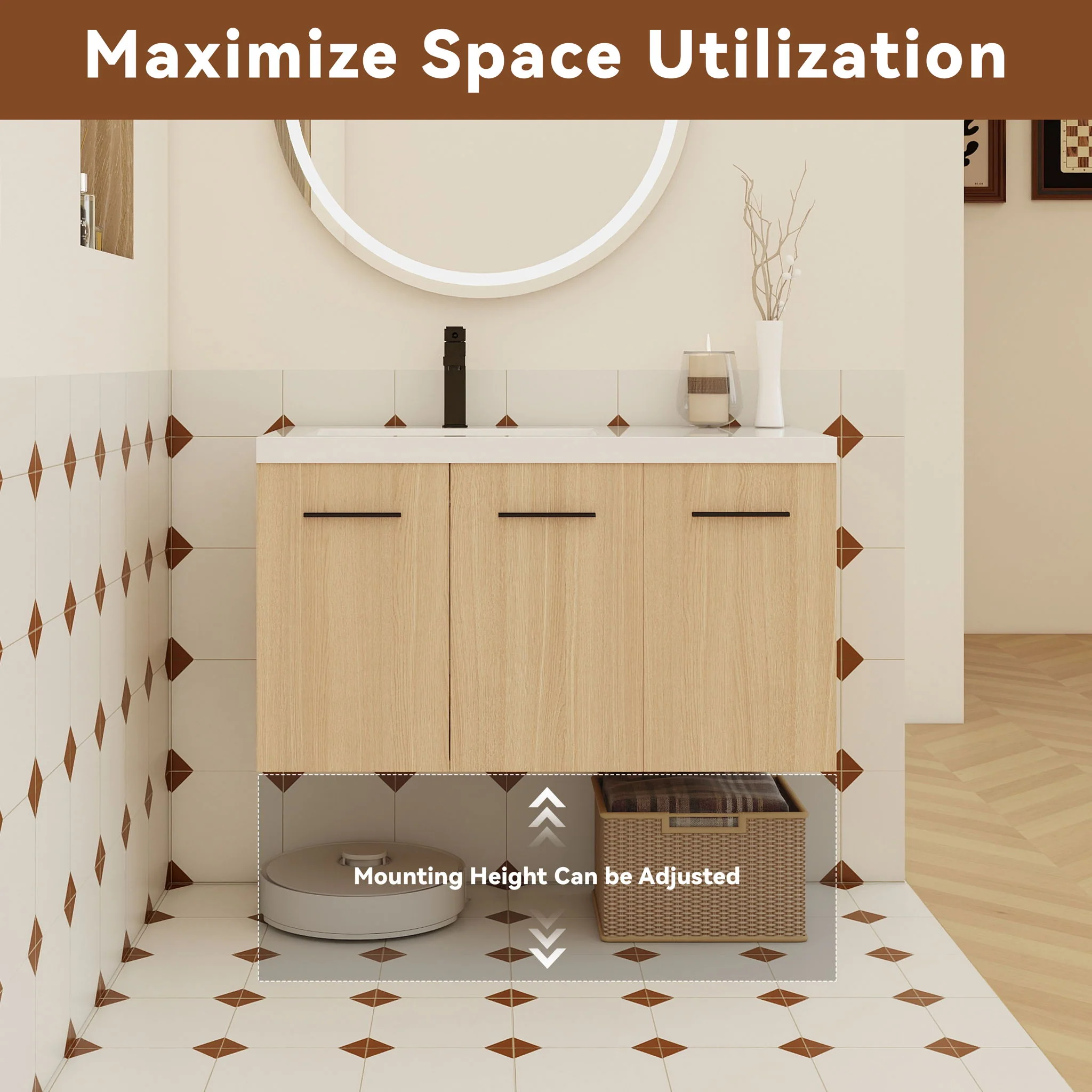 Wall Mounted Floating Bathroom Vanity With Sink, 3 Door Modular Cabinet - Image 31
