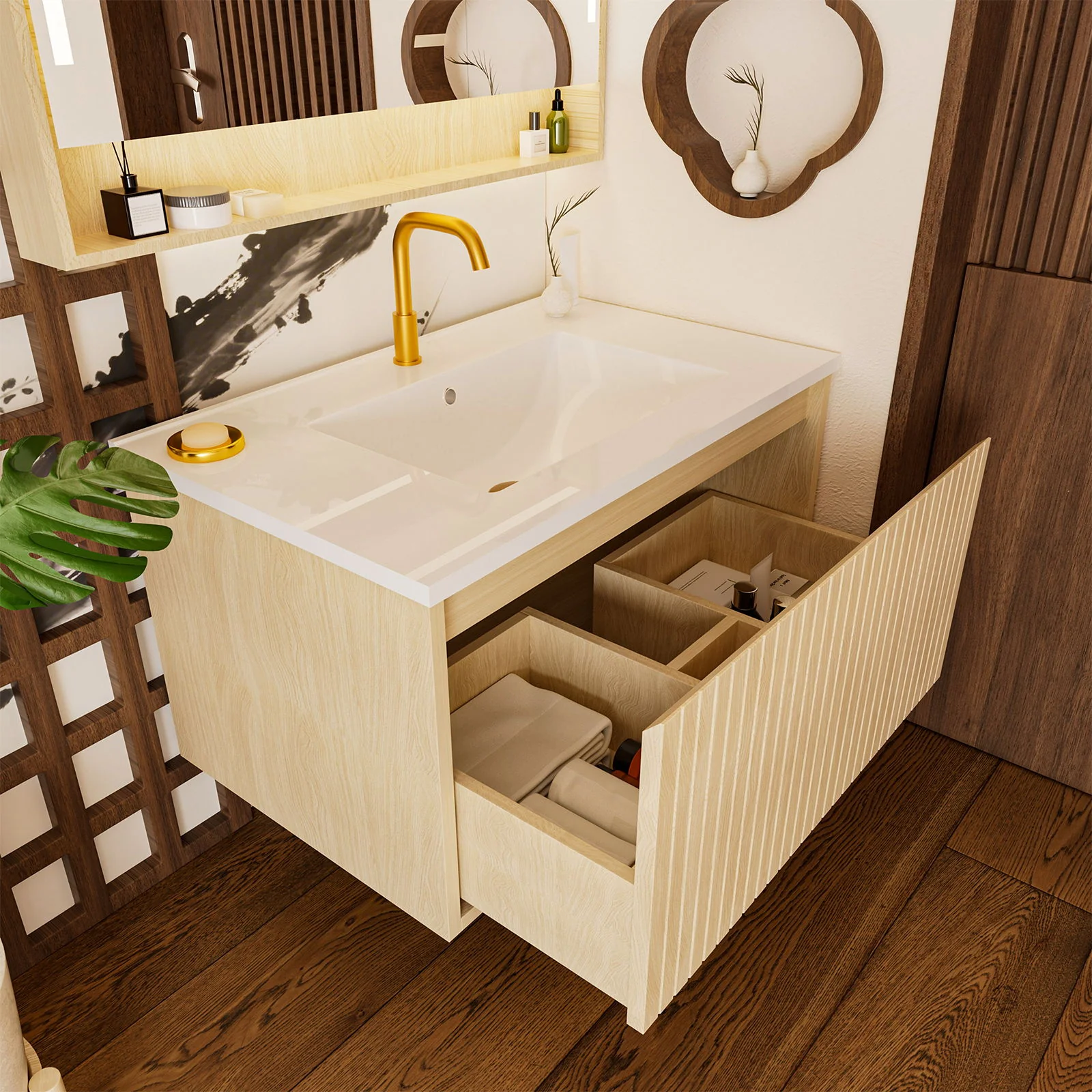 Wall Mounted Floating Bathroom Vanity With Sink And Drawers - Image 4