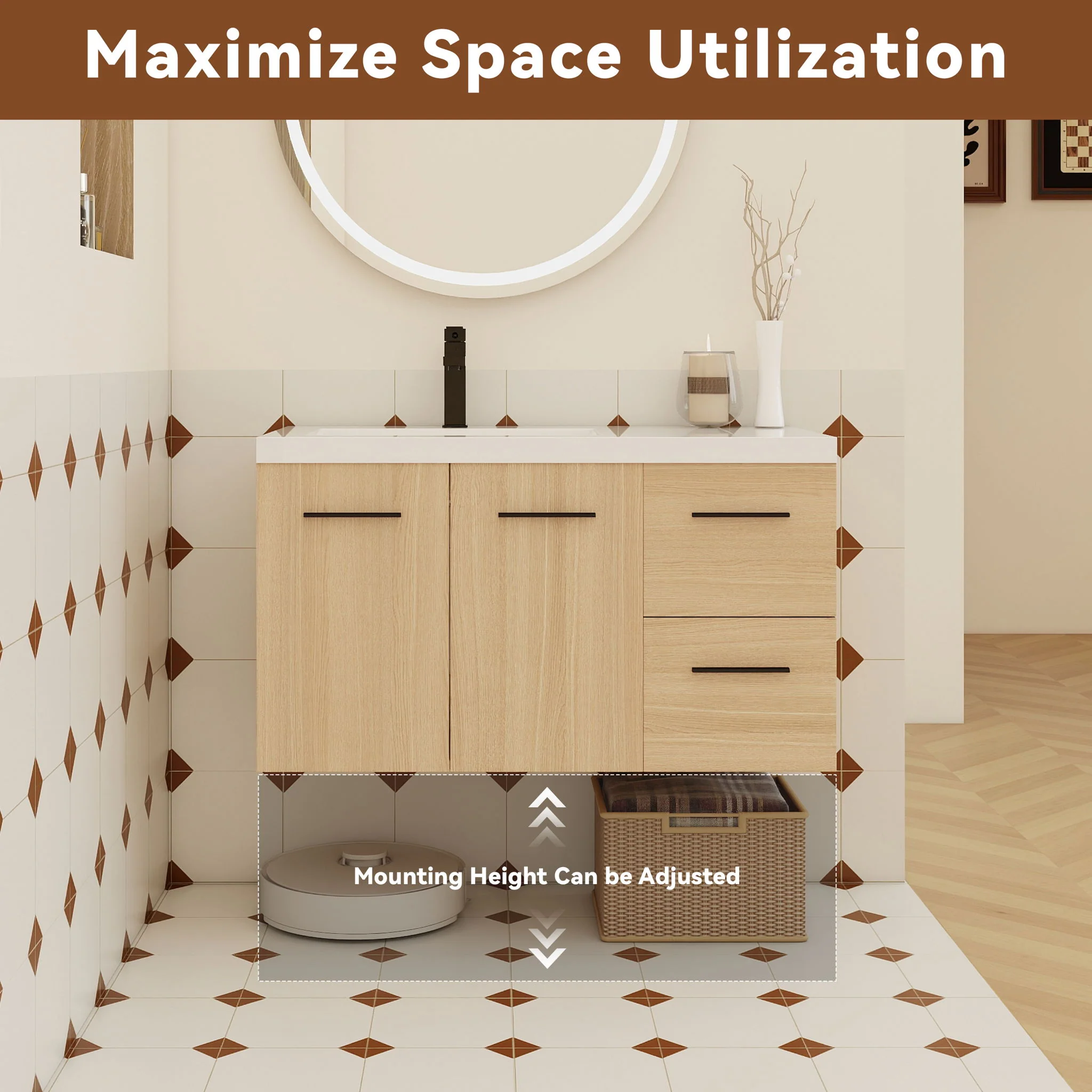 Wall Mounted Floating Bathroom Vanity With Sink, Door & Drawers Modular Cabinet - Image 11