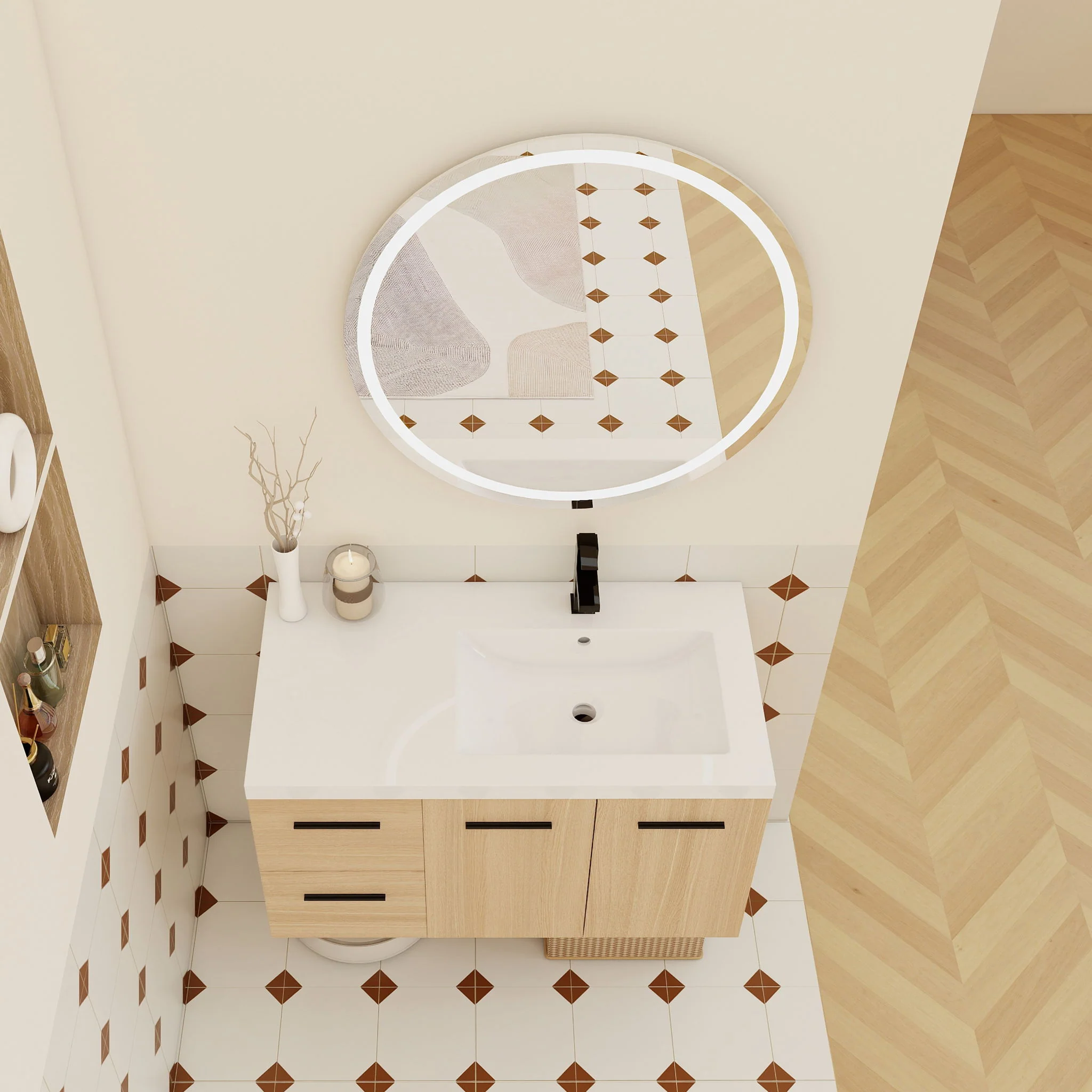 Wall Mounted Floating Bathroom Vanity With Sink, Door & Drawers Modular Cabinet - Image 20