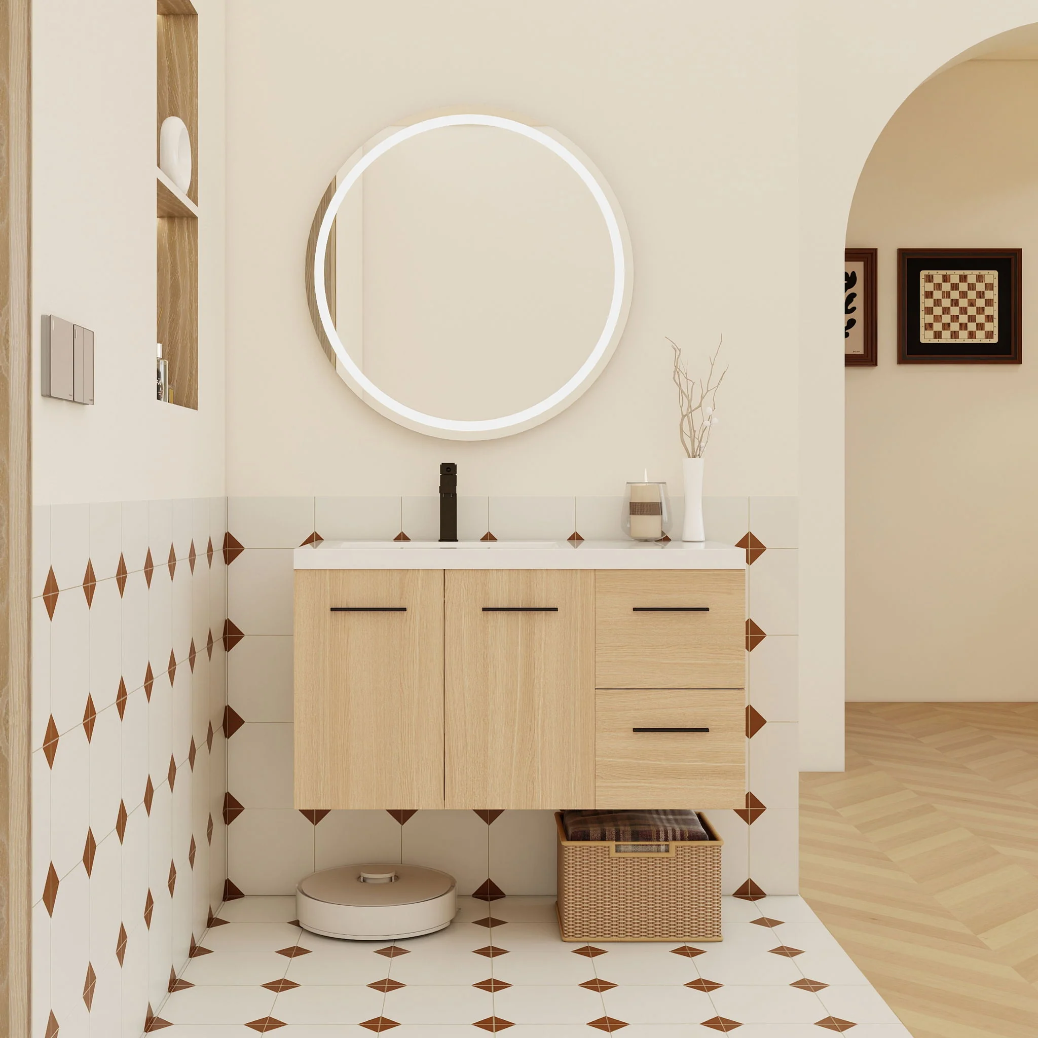 Wall Mounted Floating Bathroom Vanity With Sink, Door & Drawers Modular Cabinet - Image 34