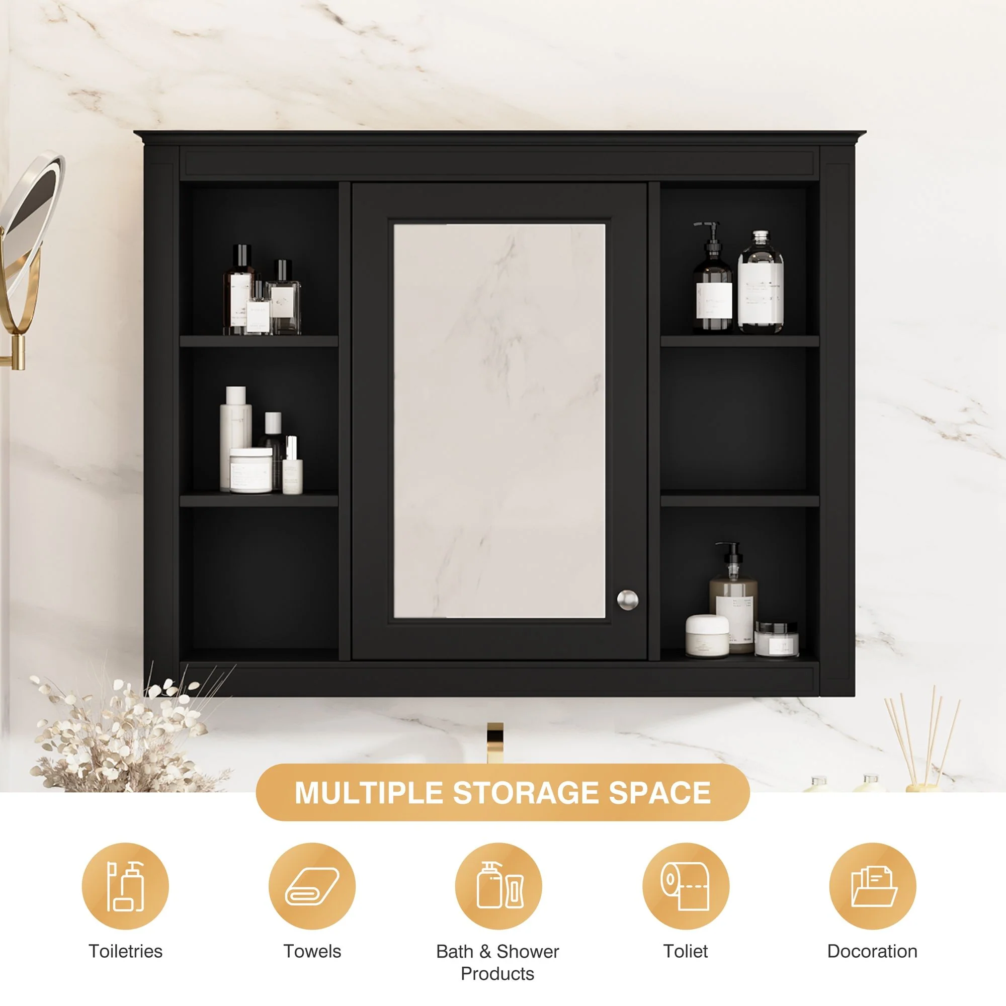 Wall-Mounted Medicine Cabinet With Mirror, 6 Open Shelves And Adjustable Interior - Black - Image 8