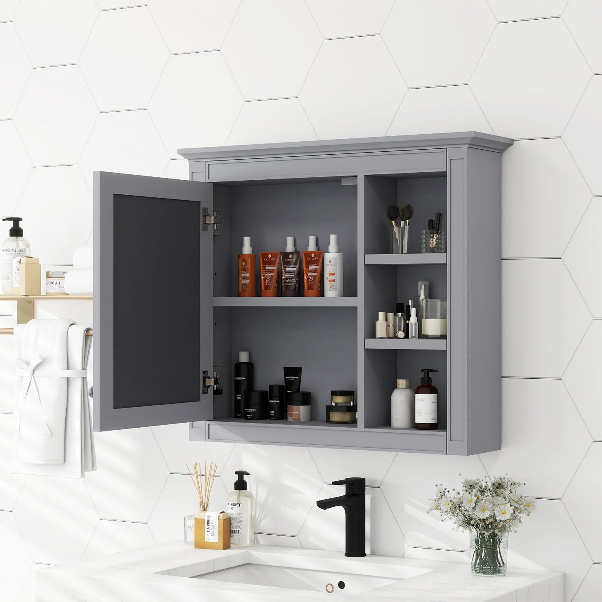 Wall Mounted Medicine Cabinet With Mirror And 3 Open Shelves - Image 18