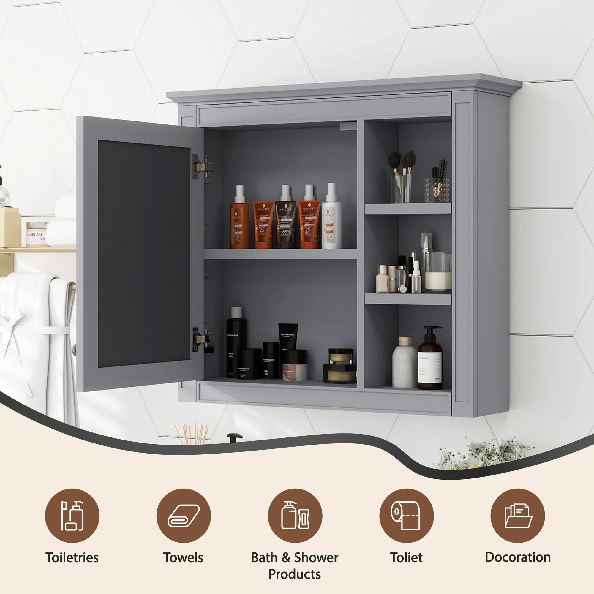Wall Mounted Medicine Cabinet With Mirror And 3 Open Shelves - Image 32