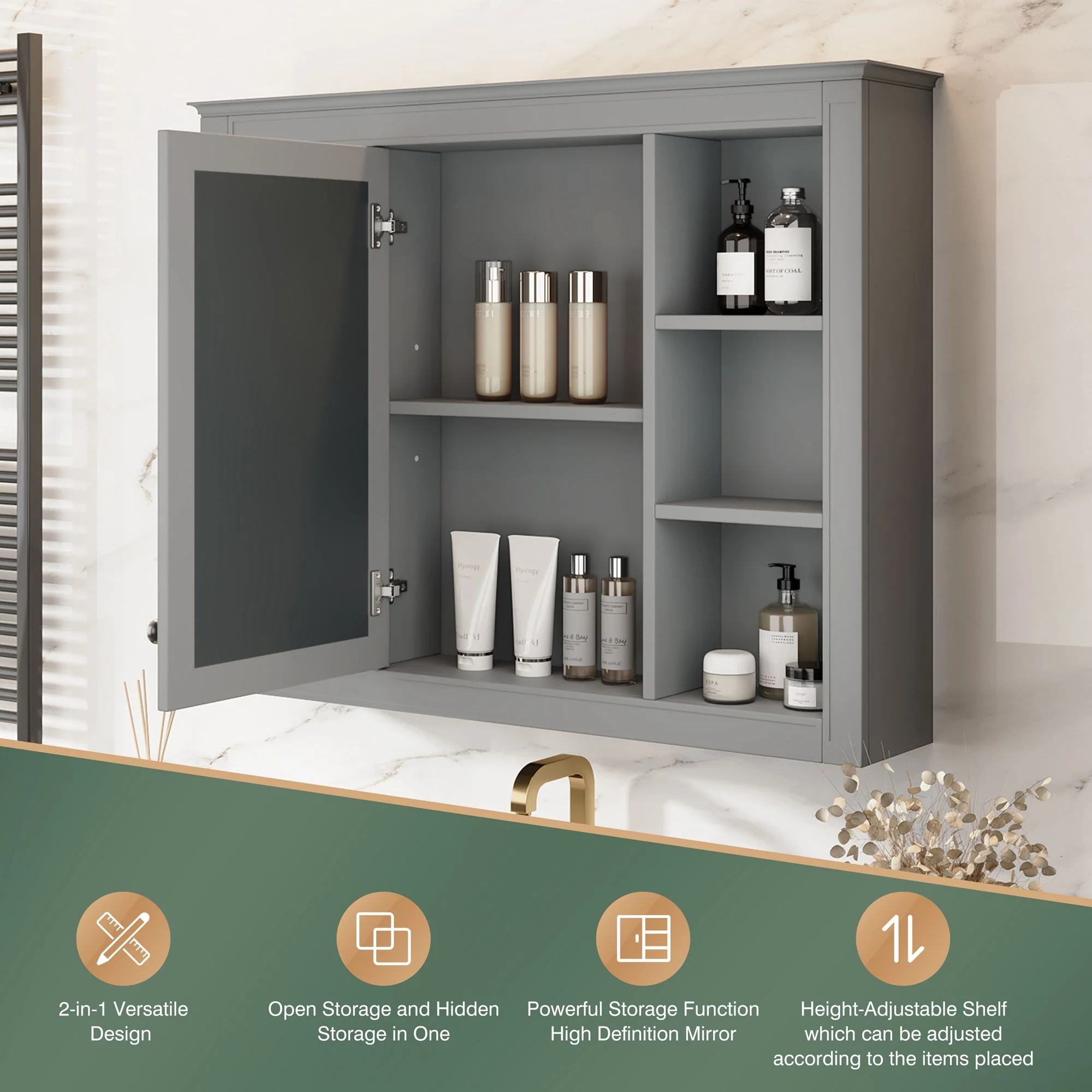 Wall Mounted Medicine Cabinet With Mirror, Storage Cabinet Featuring 6 Open Shelves And Adjustable Interior - Image 34