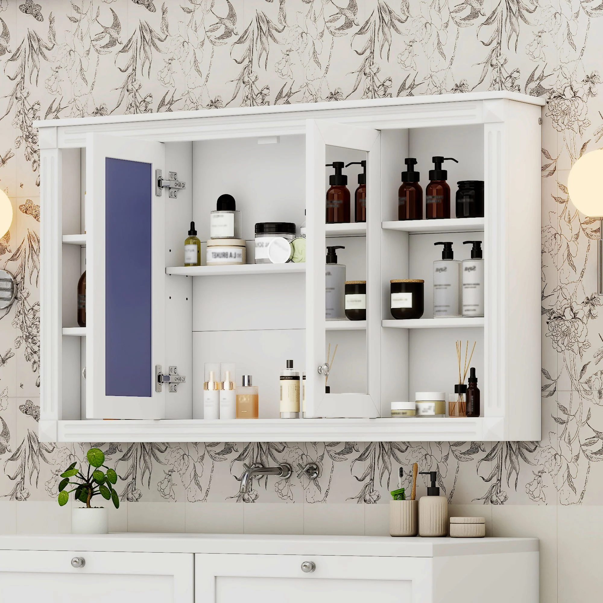 Wall-Mounted Mirror Cabinet With Adjustable Shelf And Open Shelves - Image 14