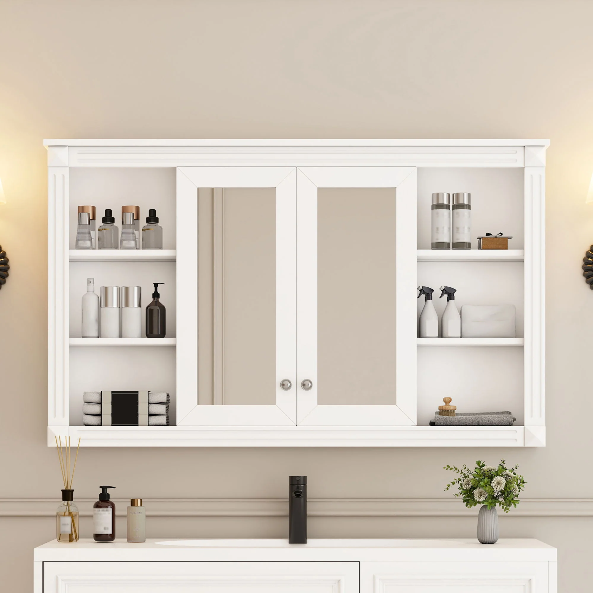 Wall-Mounted Mirror Cabinet With Adjustable Shelf And Open Shelves - Image 18