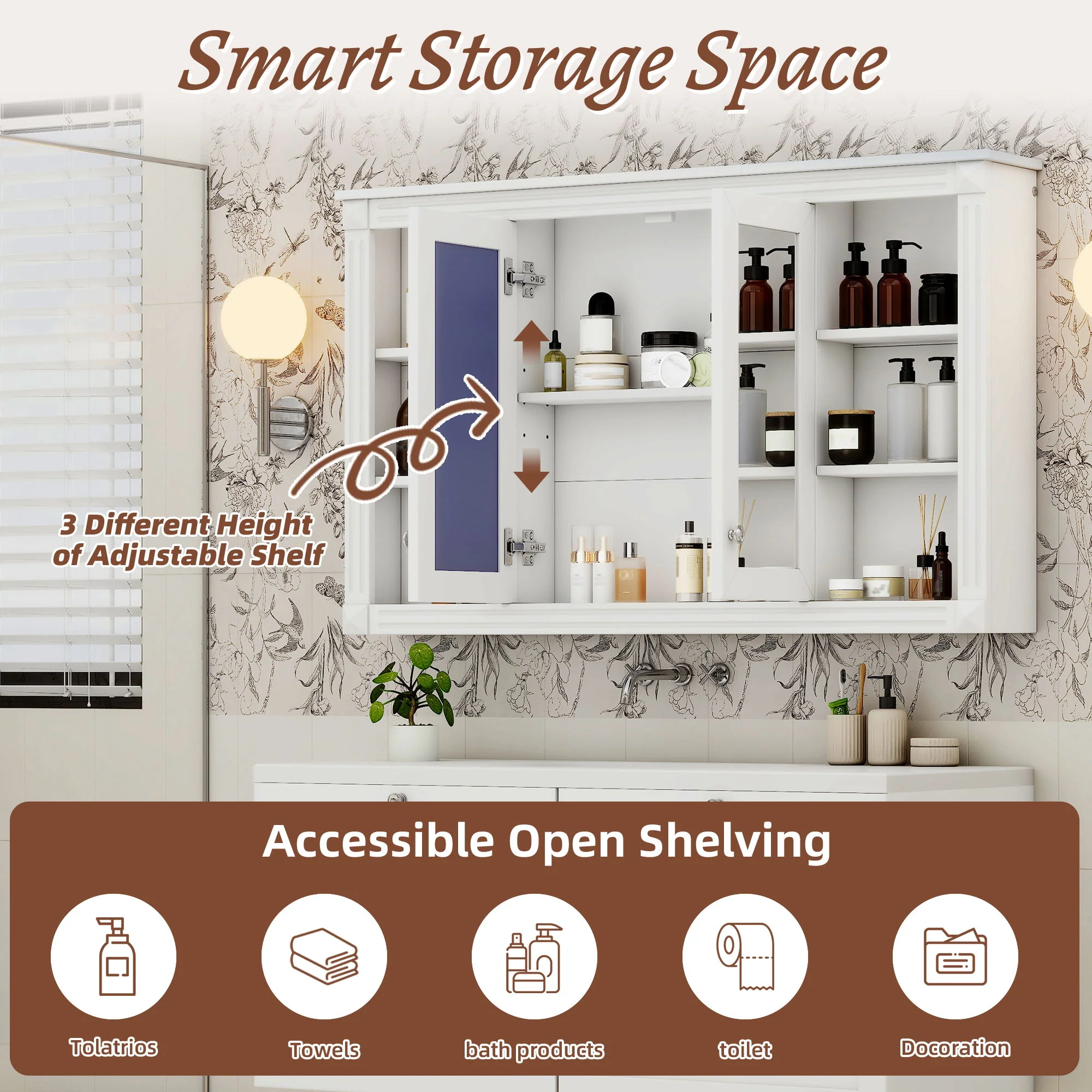 Wall-Mounted Mirror Cabinet With Adjustable Shelf And Open Shelves - Image 8